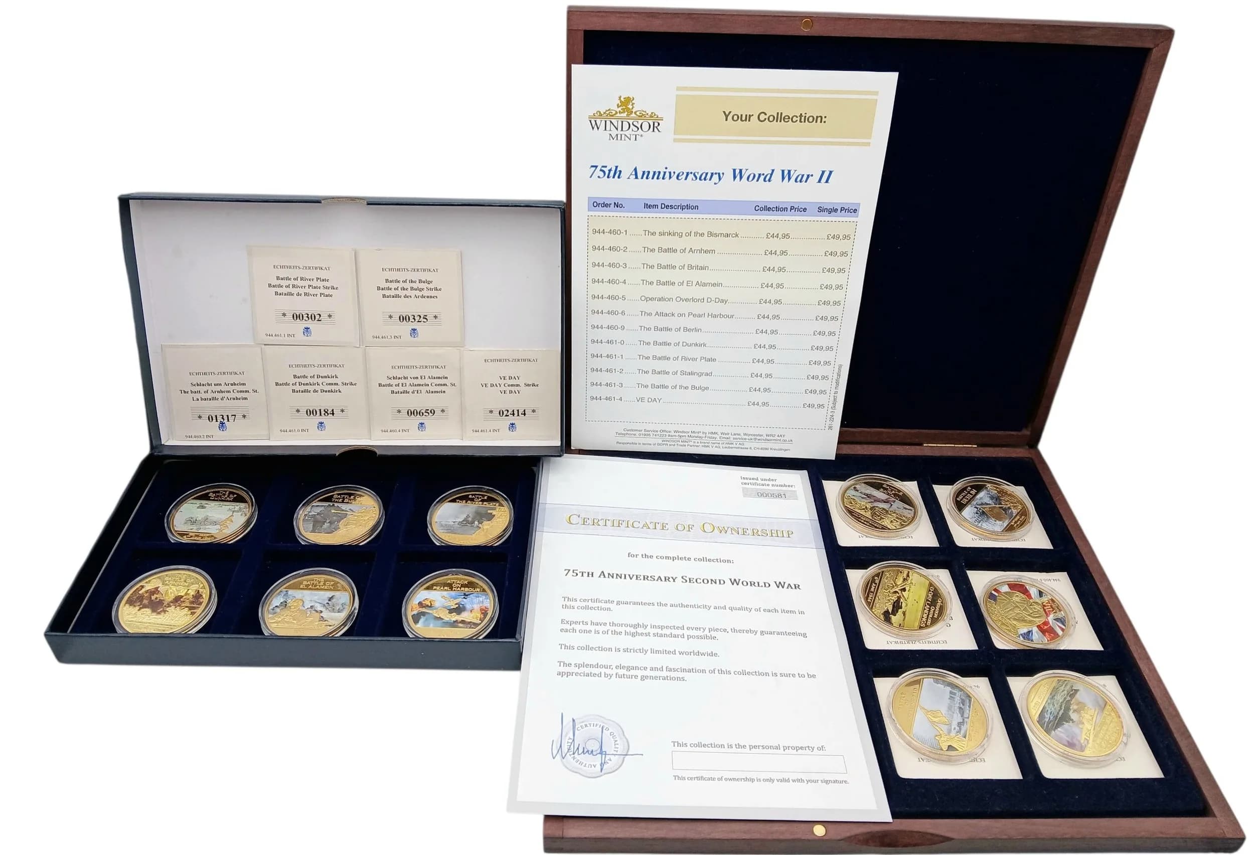 The Complete 75th Anniversary Commemorative Proof Coin Collection for the Battles of WWII. 12 coins in total. All encapsulated with COA and fitted cases.