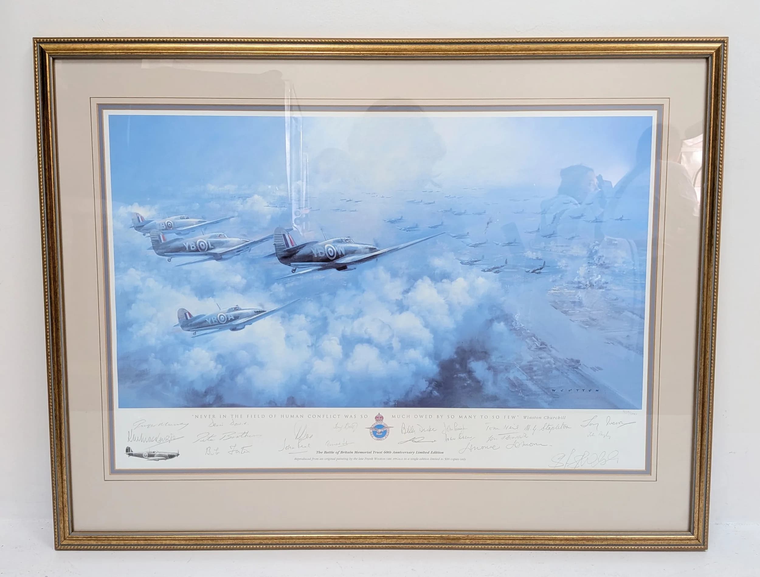 A framed limited edition print by Frank Wooton. The Battle of Britain 60th anniversary. No. 337/500. Signed in pencil. Frame 85cm x 65cm. Nice condition. Winning bidder advised to collect from Cadmore HQ due to the size and weight.