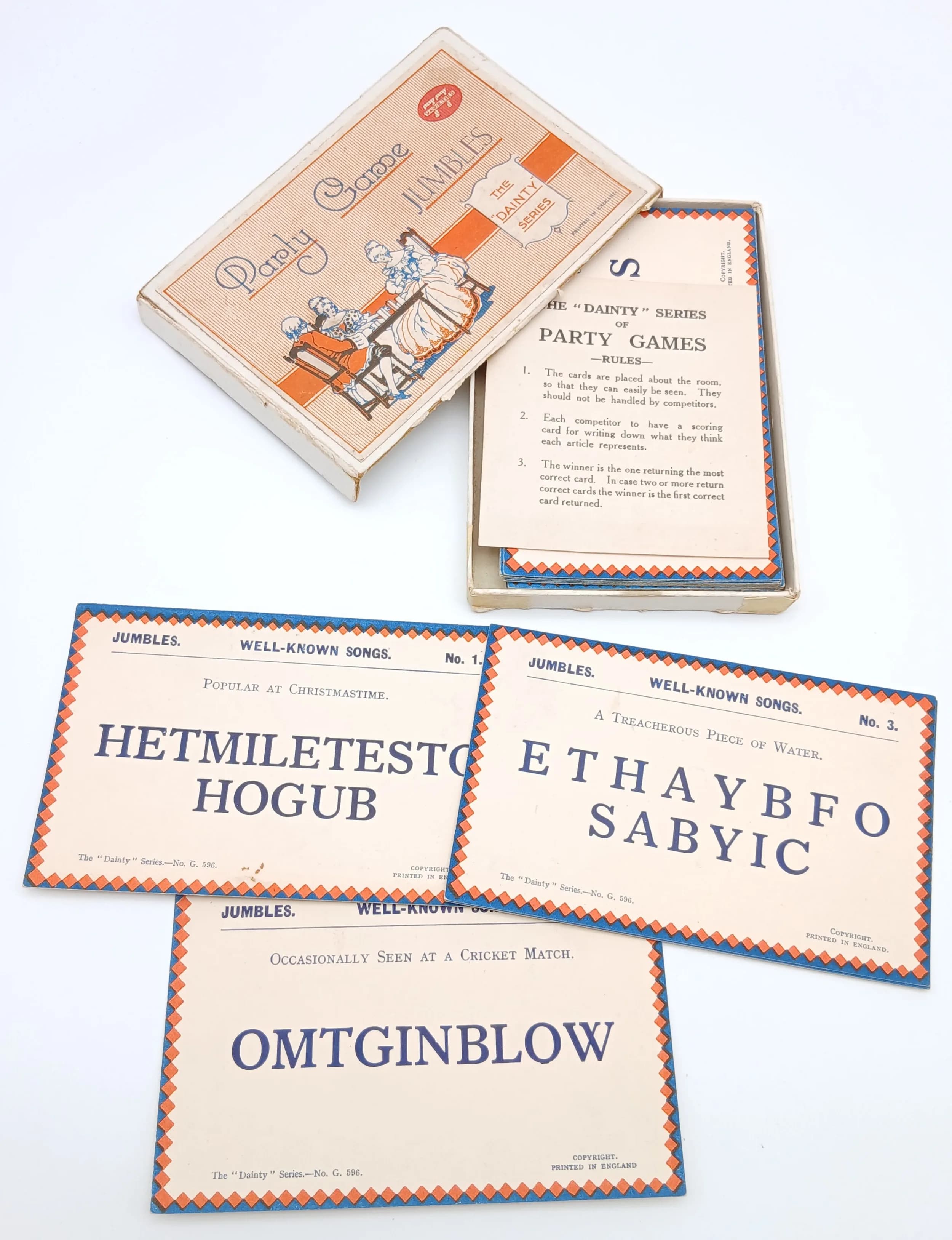 A Vintage/Antique 'The Dainty Series' Jumbles Party Game. Circa 1929 anagram party game. Please see photos for details.