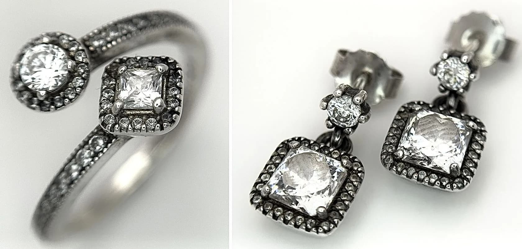A sparkling set of Pandora 925 silver CZ stone set crossover ring (Size M/N) and a pair of earrings. Total weight 6.4G.