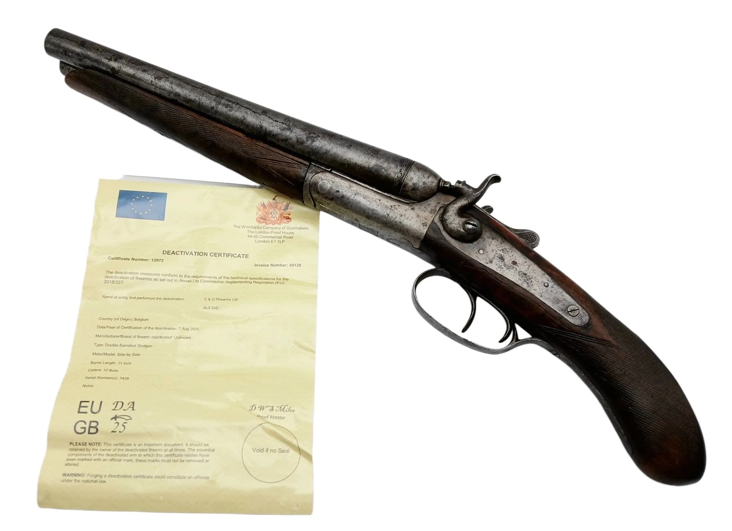 A Deactivated Belgium, 12 Gauge Sawn-Off Double Barrelled Shotgun. 11inch barrel length. EU deactivation certificate. EU/UK sales only - Not Holland. UK Mainland shipping only or arrange a courier.