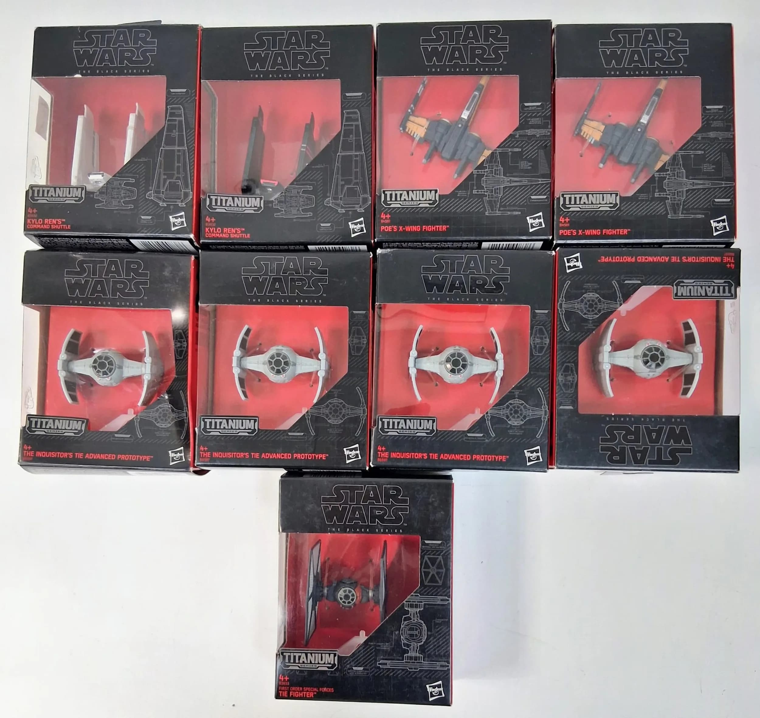 Nine Star Wars, black series, titanium series space ships by Hasbro. All in original boxes, good condition.