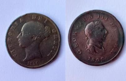 1806 GEORGE III HALF PENNY together with 1854 Queen Victoria Young Head Half Penny . Nice collectable condition . Please see pictures.