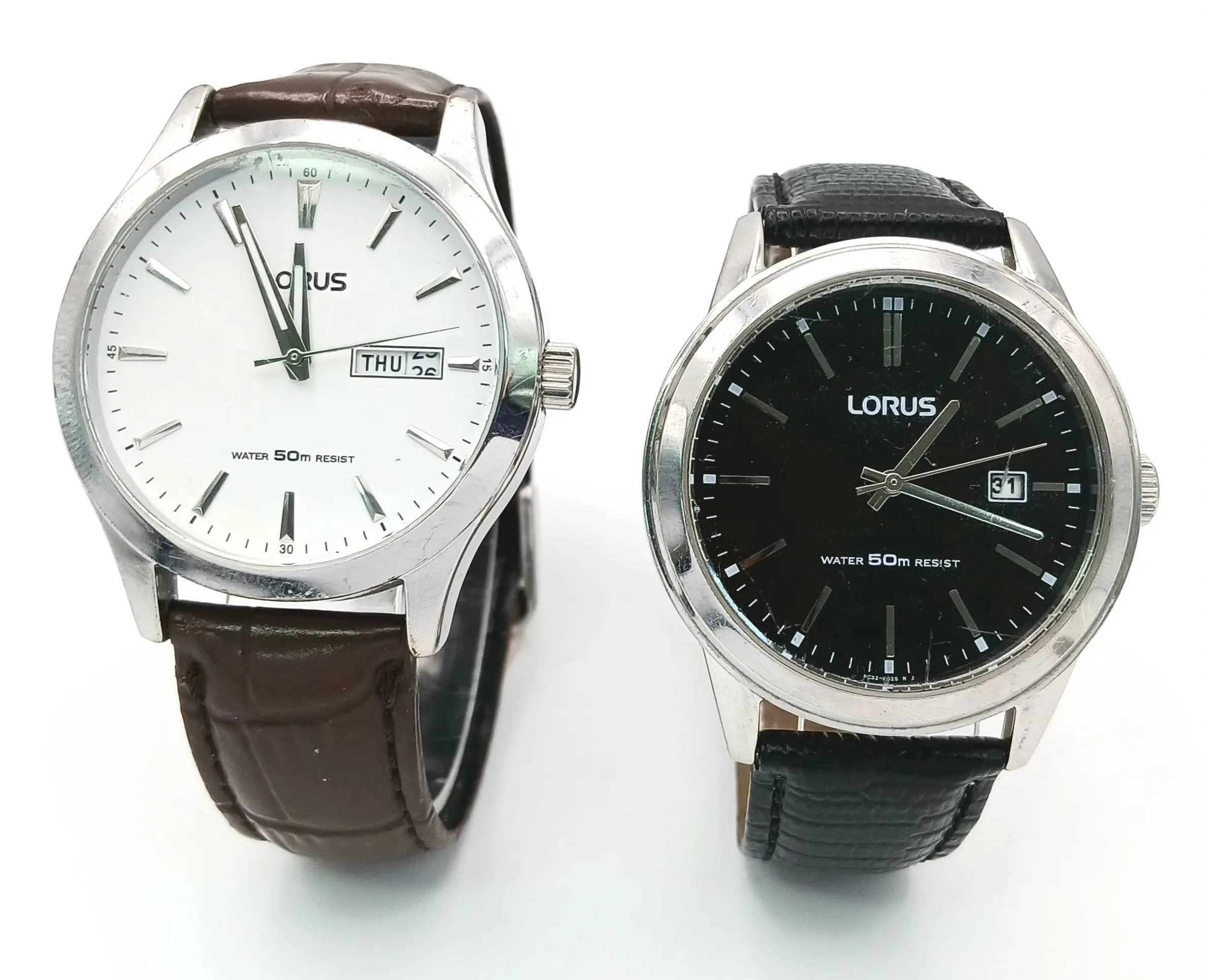 A Pair Of Lorus Strap Watches. A Black Leather Strap With Date Function And A Brown Leather Strap Watch With Day / Date Function. Both In Full Working Order. New Batteries Fitted Recently. S/A 1689 - 1