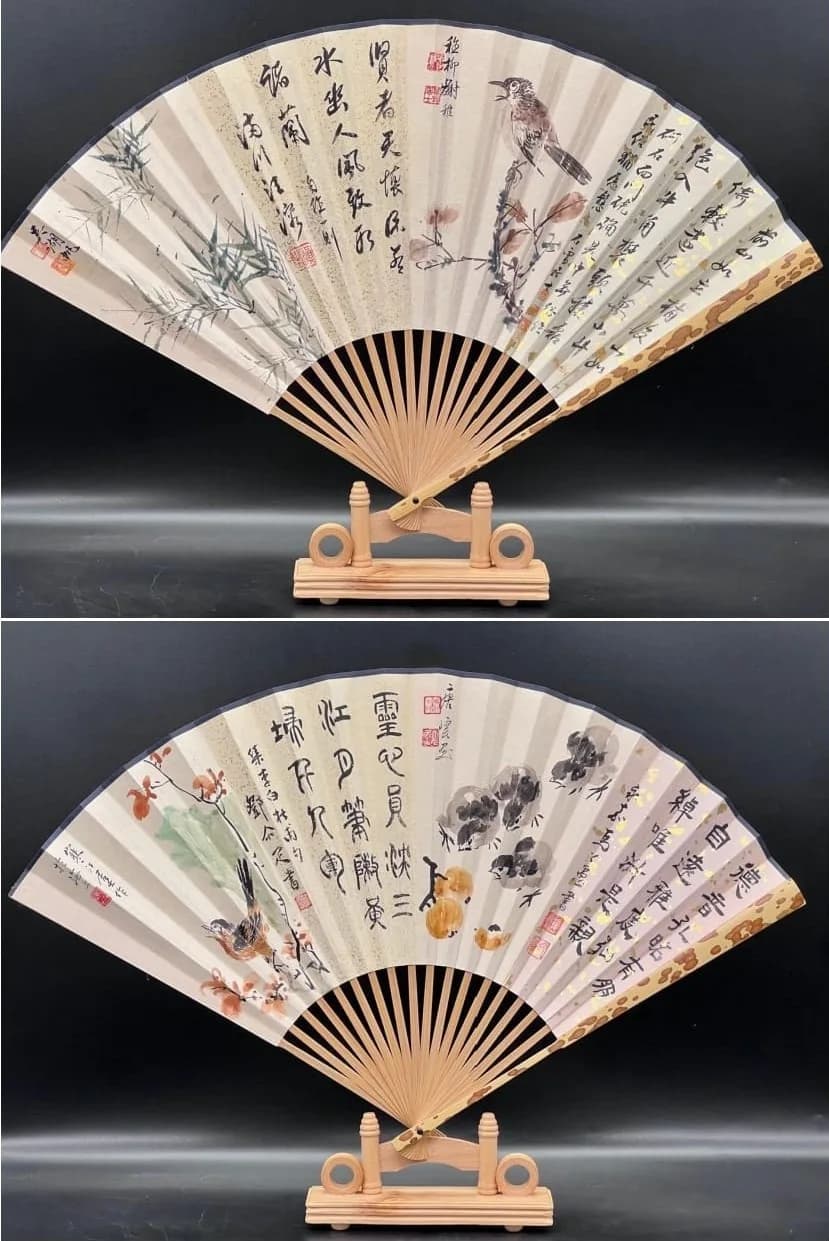 A fan split by two halves: one half bearing calligraphy, the other half Chinese ink and watercolor painting. Calligraphy attribute to Xu Shixue, Wang Rong, Ma Gongyu, Deng Erya and painting attribute to Xie Zhiliu, Wu Hufan, Tang Yun, Jiang Hanting. Size approx: 53cm.