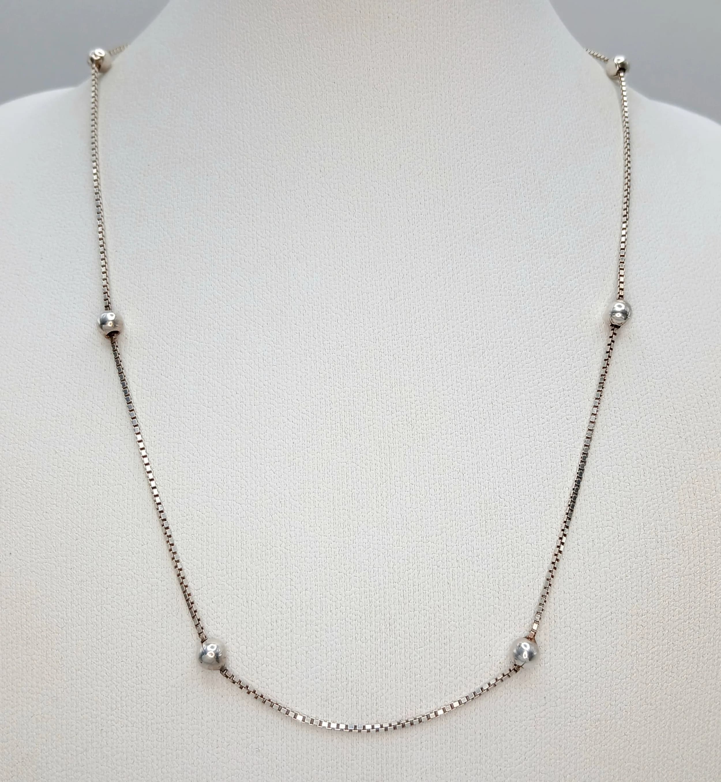 A Lovely 925 Sterling Silver Beaded Chain Necklace - 36cm Length. Features polished silver beads spaced along a fine silver chain with a spring ring clasp. Gross weight 3.21 grams.