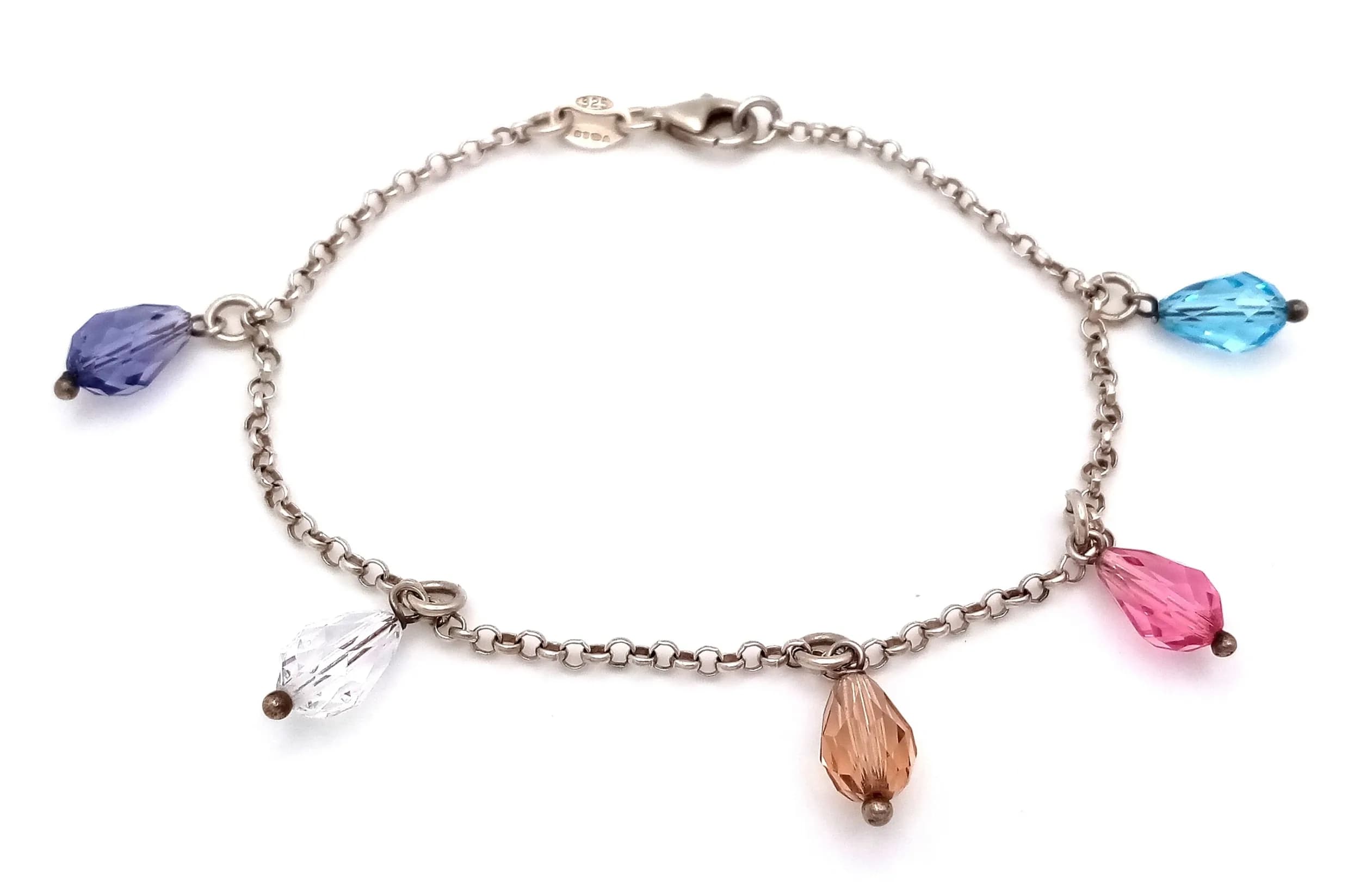 A Pretty 925 Sterling Silver Multicoloured Crystal Drop Bracelet - 17cm Length. Features faceted teardrop-shaped crystals in pink, blue, purple, orange and clear tones suspended from a fine silver chain. Gross weight 4.74 grams.