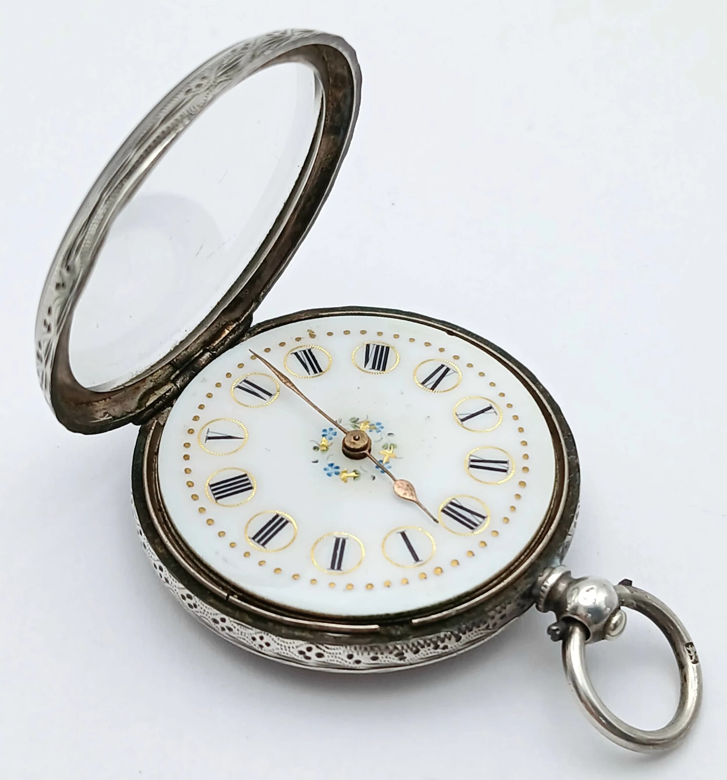 Antique SILVER POCKET WATCH. Beautifully decorated. Full working order. Perfect condition. Fob/Ladies Size. 37.5 mm. Exceptional, please see pictures.
