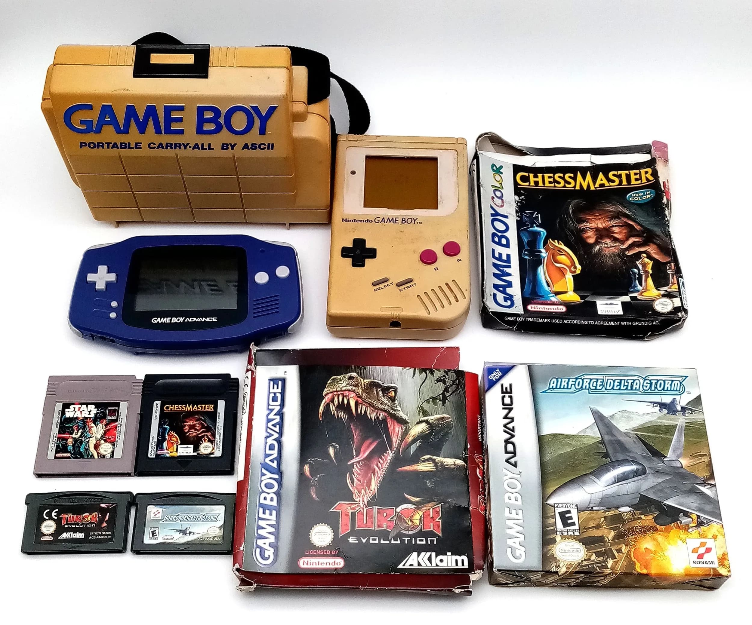 A vintage Nintendo gamers bundle. To include a Game boy advanced, working but no battery cover and a Game boy, working but has a damaged screen and no battery cover. Plus four games.