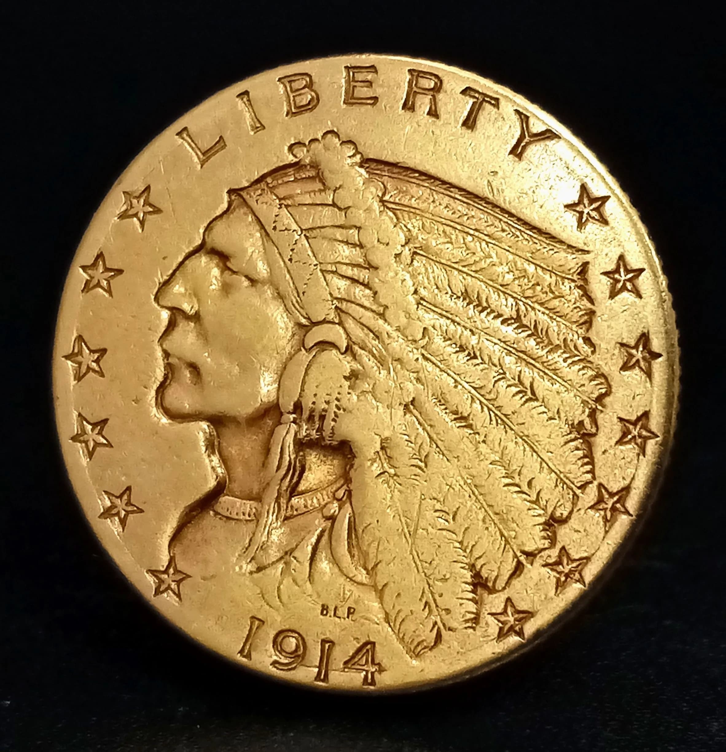 A 1914, DENVER MINT, INDIAN HEAD, 2 1/2 DOLLAR COIN. TOTAL WEIGHT 4.2G. C 5003