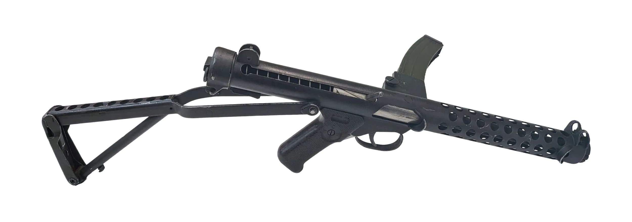 A Deactivated Police Variant Sterling MK4 Submachine Gun. Tested during WWII but did not replace the Sten gun until 1953. Standard issue for the British army until 1994. Folding stock. 9mm calibre. 8 inch barrel length. Comes with an EU deactivation certificate. UK/EU sales only - Not Holland. UK Mainland shipping only or arrange a courier.