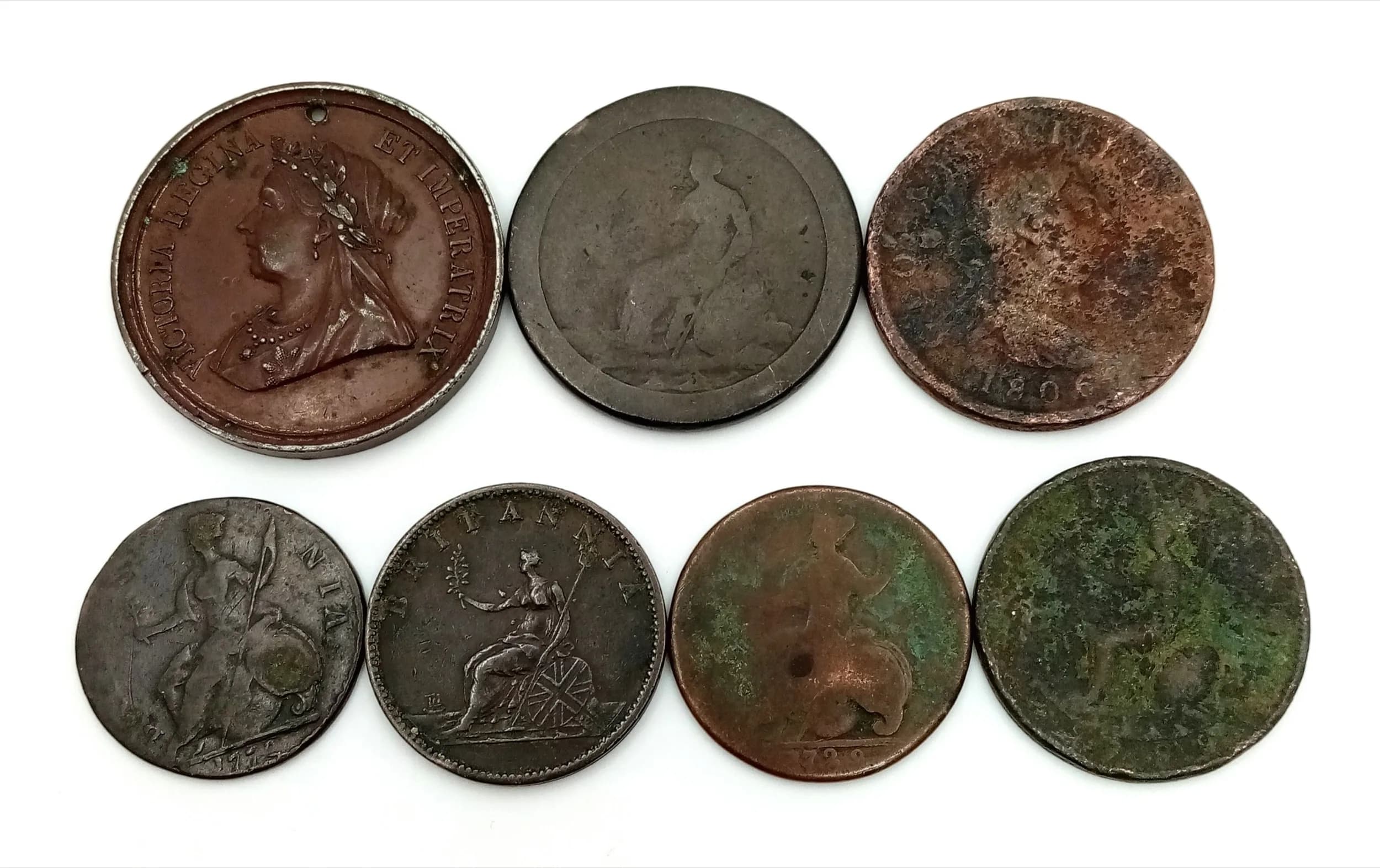 A Selection of Antique Copper/Bronze Coins Plus an 1897 Queen Victoria Commemorative Medallion. Please see photos for finer details.
