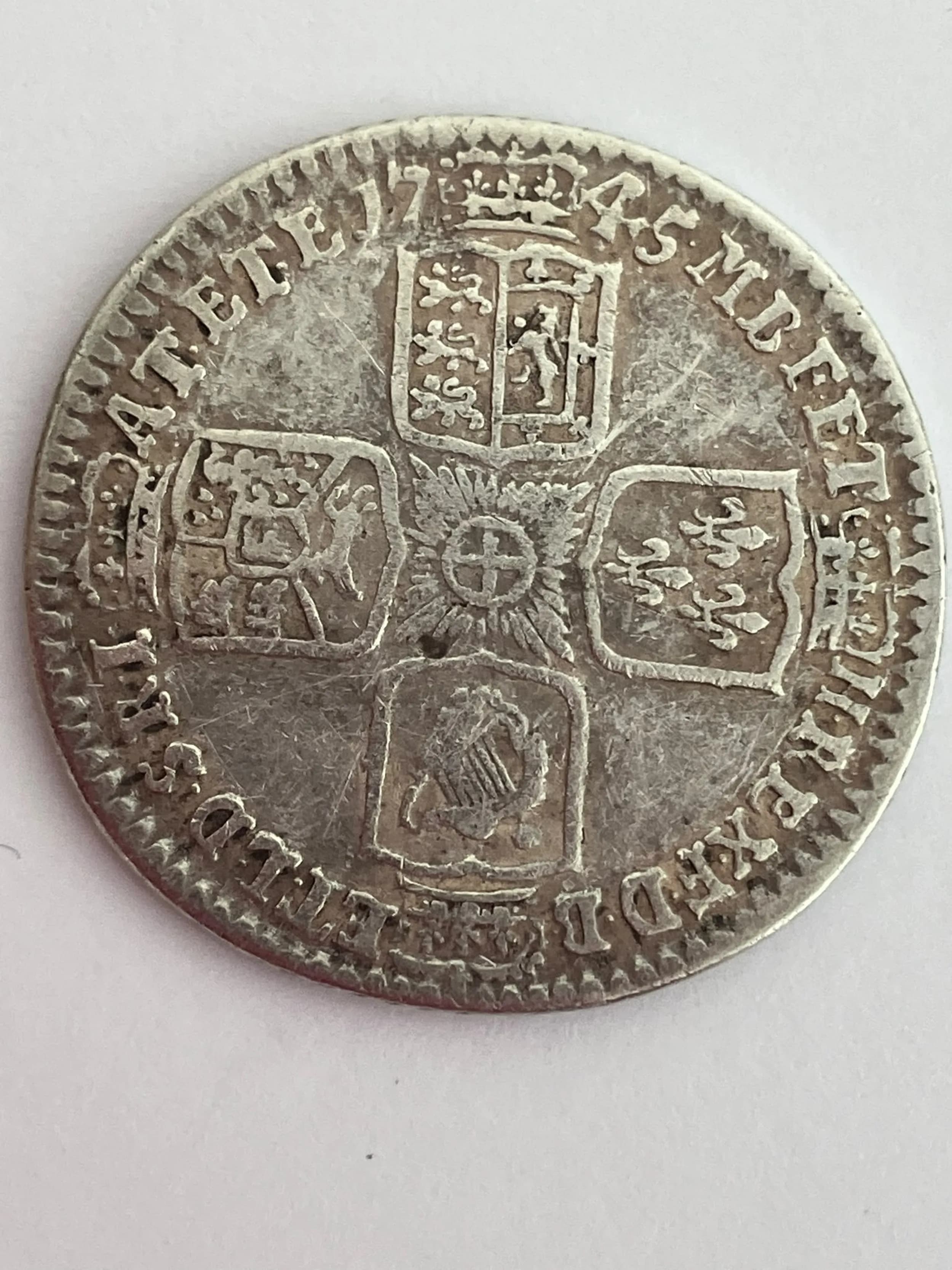 1745 GEORGE II ‘LIMA’ SILVER SHILLING coin. Fine/ Very Fine Condition.