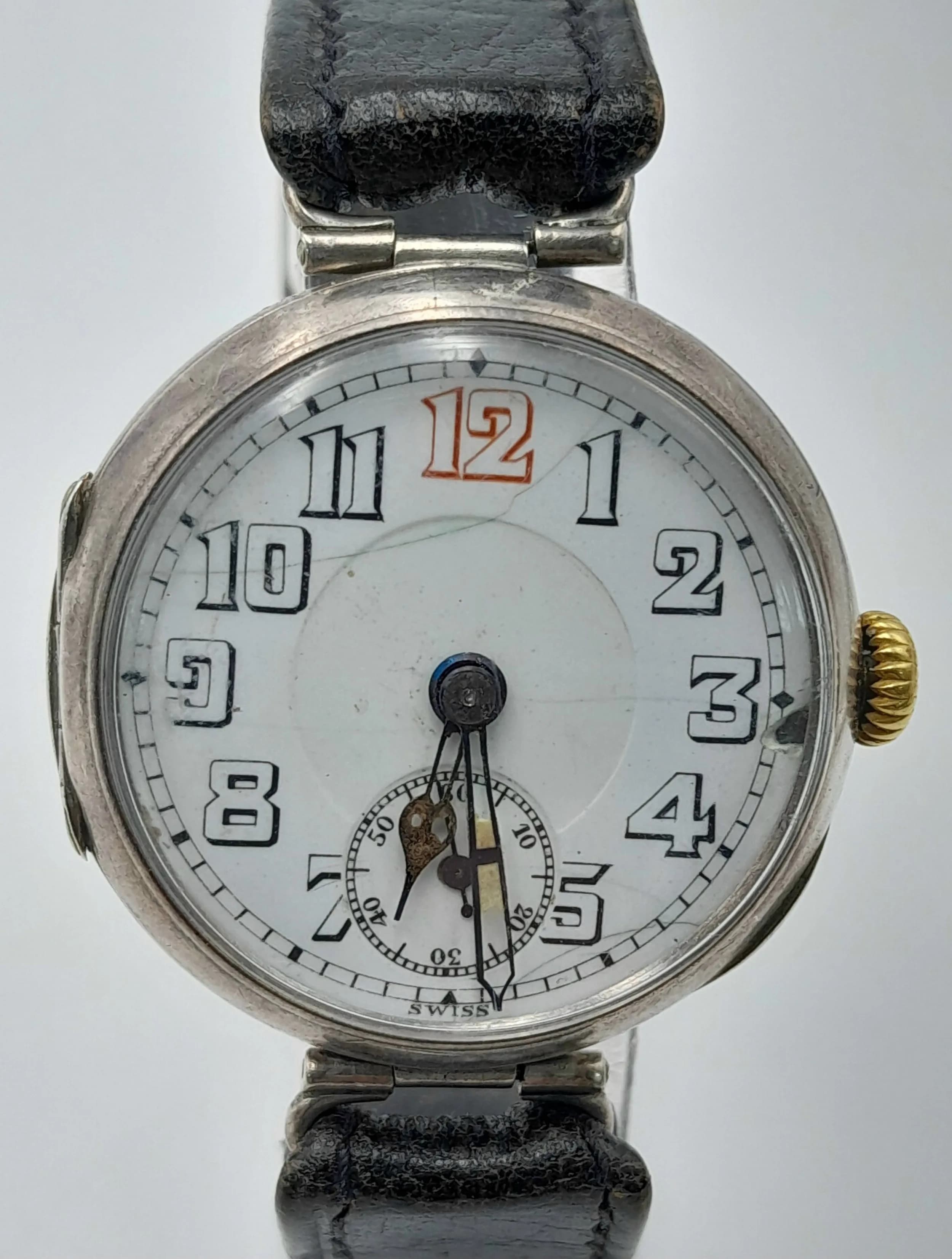 WW1 Silver British Officers Watch. Working, Replacement Strap.