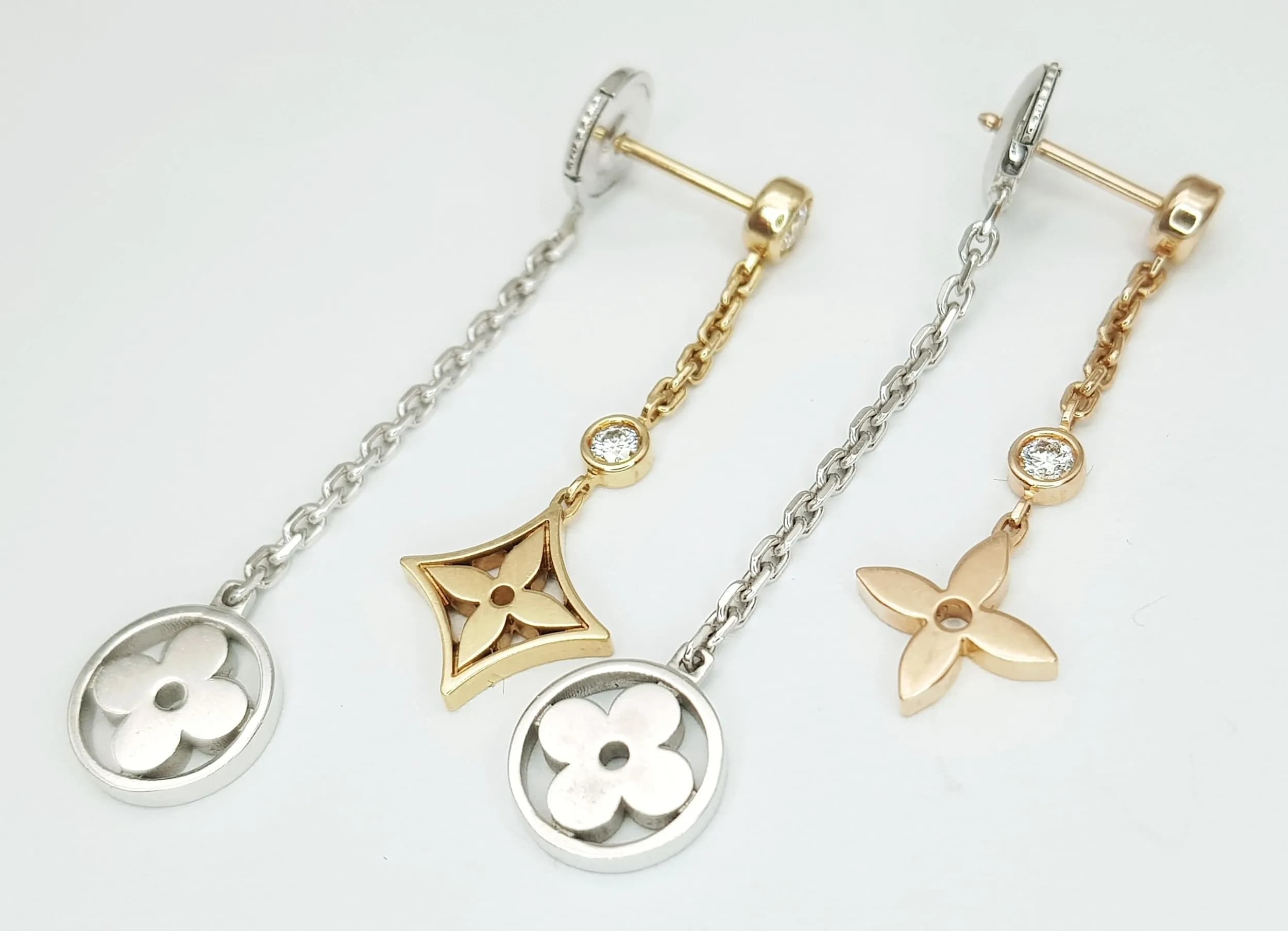 A Pair of Louis Vuitton Idylle Blossom Drop Earrings in 18K White and Yellow Gold with Diamond Accents. 4cm drop. 5.25g total weight. Ref: 025384.