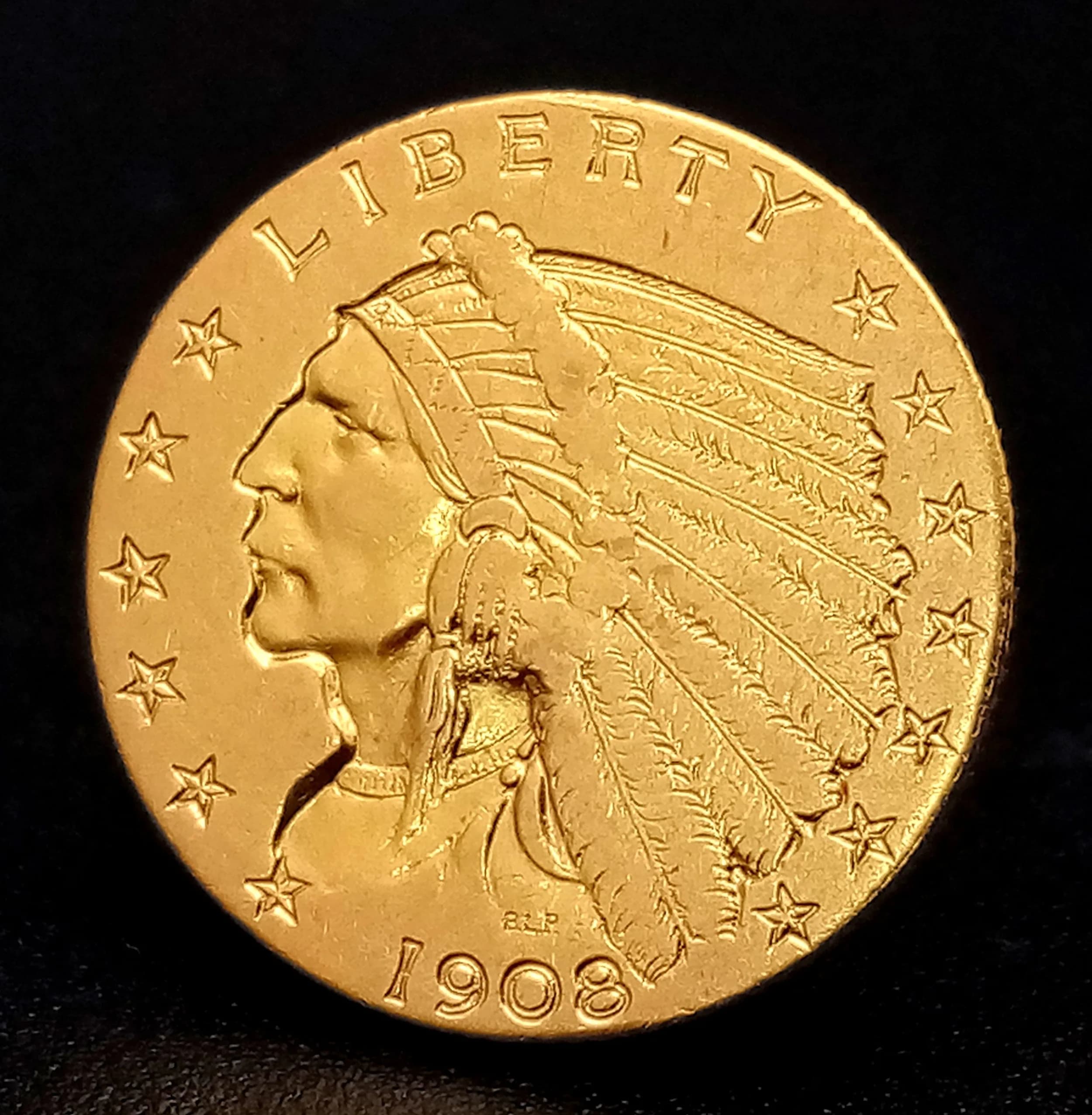 A Fine Gold (21.6 carat) 1908 Dated United States 21/2 Dollar Coin. 4.14 grams.