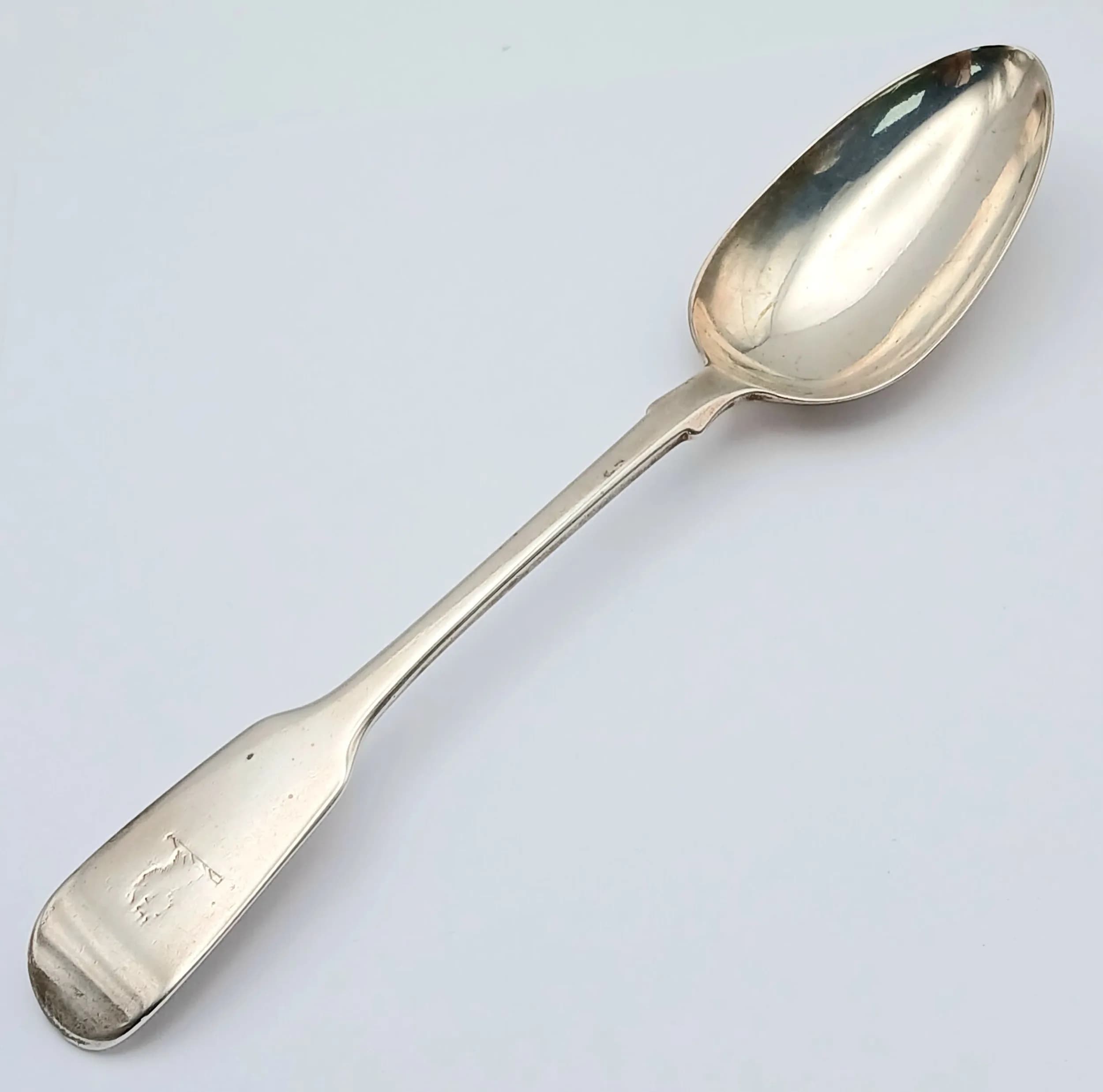 Impressive Large Antique SILVER TABLESPOON. Clear hallmark for Chawner and Adams , London 1840. Approx 73 Grams. 24 cm.
