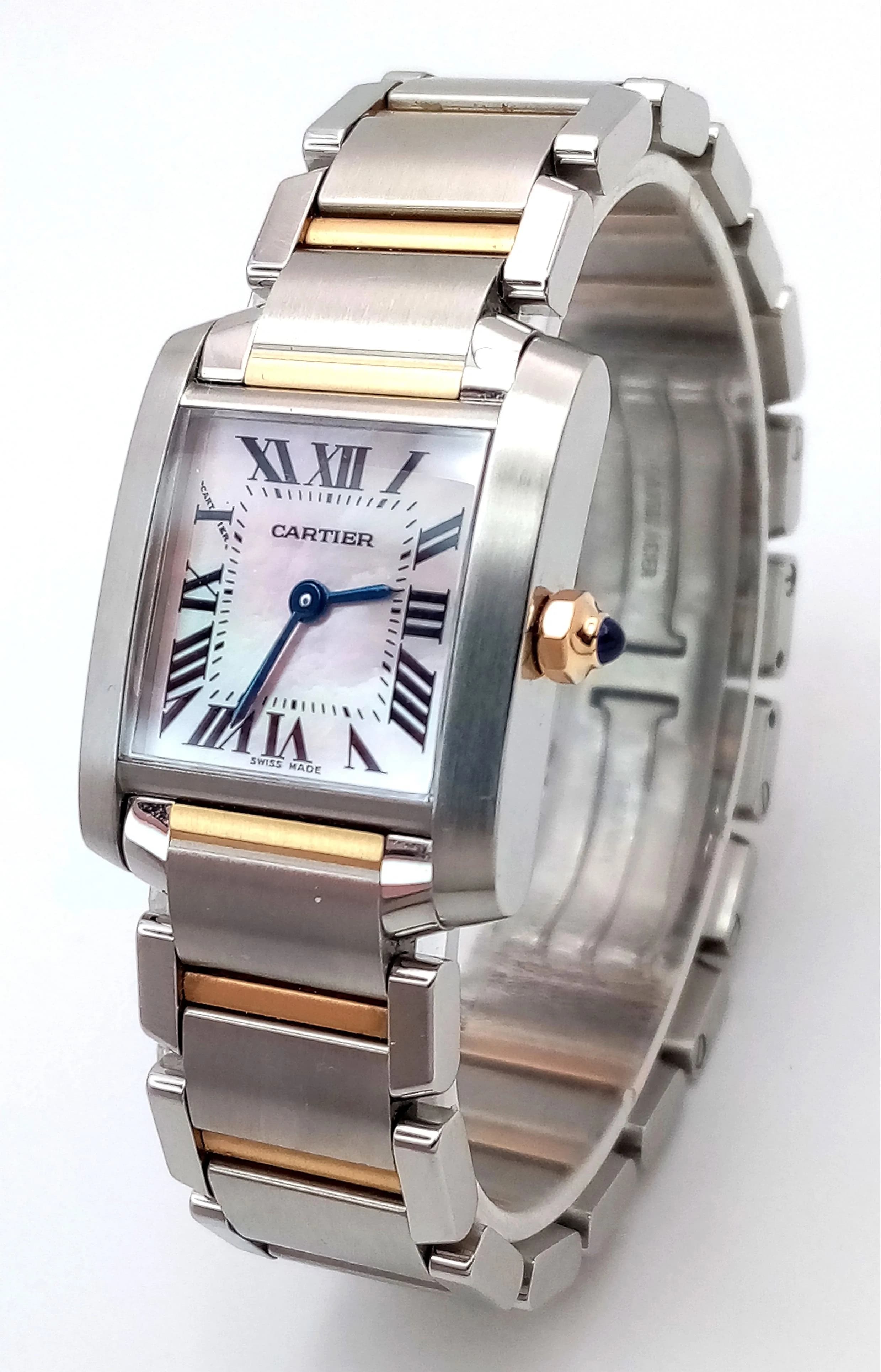 A Sophisticated Cartier Tank Française, Quartz Movement Ladies Watch. Model 2384. 18K gold and stainless steel bracelet. Stainless steel case - 20mm. Mother of pearl dial with Roman numeral markers. In good condition and working order. Comes with a Watch Register report. Ref: PN9901.