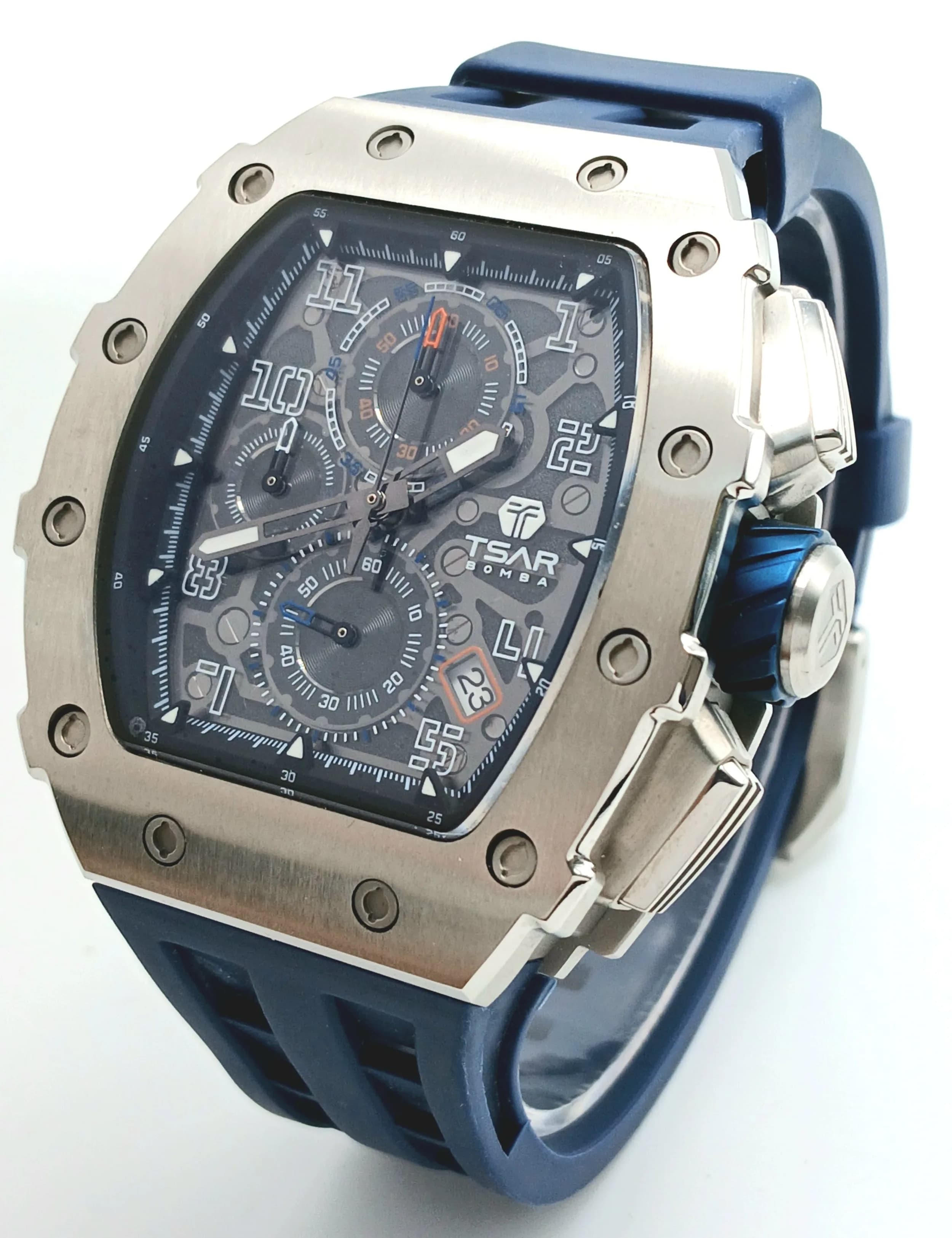 A Men’s Tsar Bomba Elemental Stainless Steel Quartz Chronograph Watch-44mm Case. Tsar Bomba’s nod to the Richard Mille RM11. Appears practically Unworn. Complete with Box and Papers.