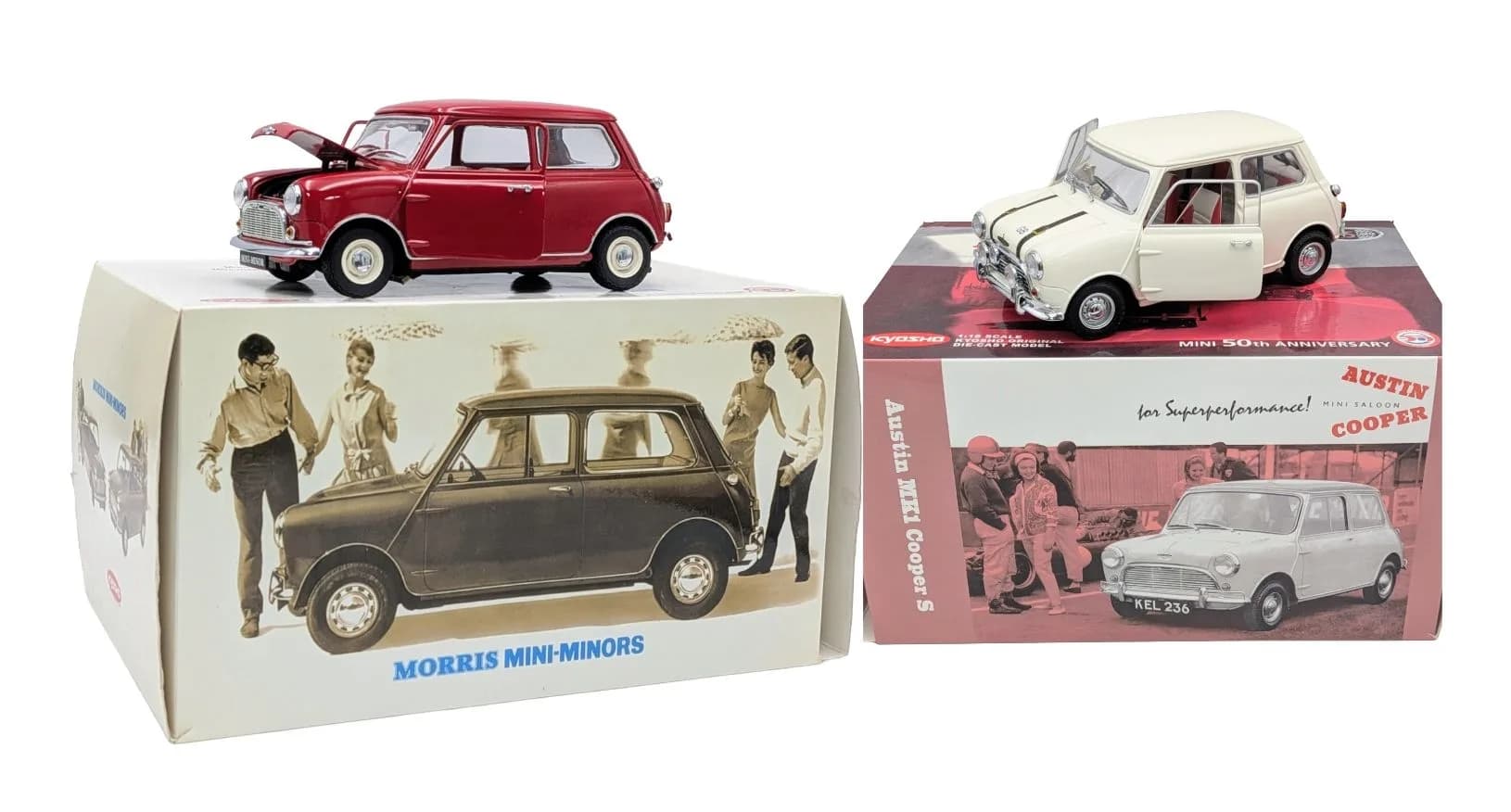 Two Autoart, 1/18th scale die cast Mini's. In very good condition.