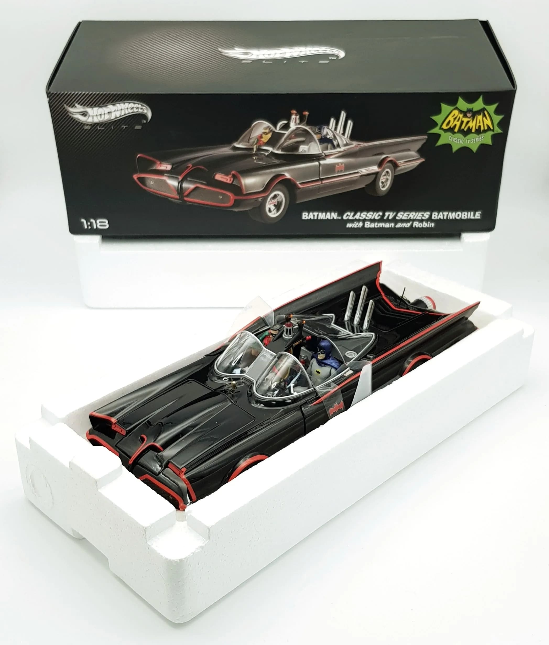 A Hotwheels Elite, 1/18th scale die cast classic TV series Batmobile with Batman & Robin. Very good condition, never been out the box.