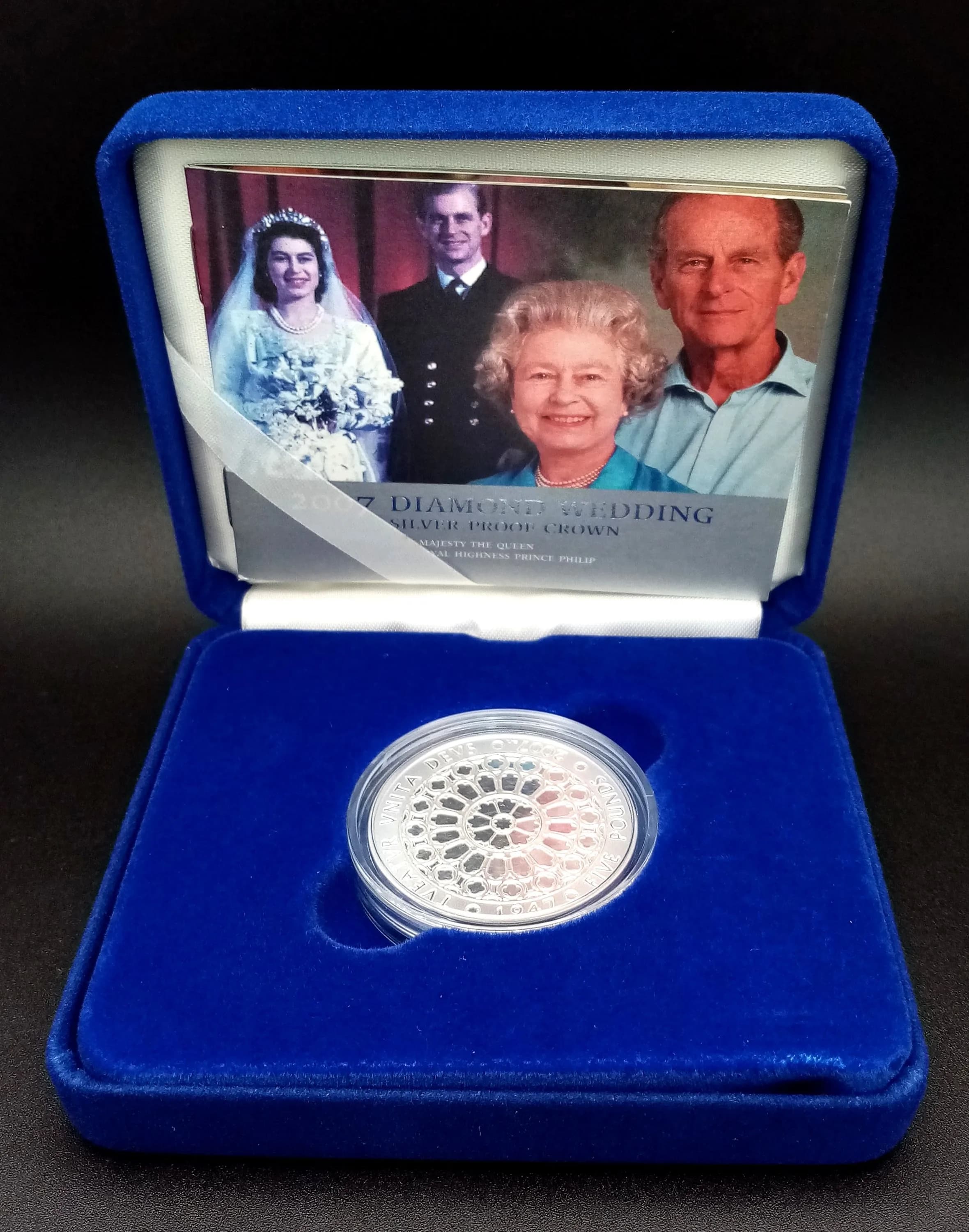 A Royal Mint 2007 Diamond Wedding Commemorative Sterling Silver Crown Coin. Encapsulated with COA and case.28.28g.