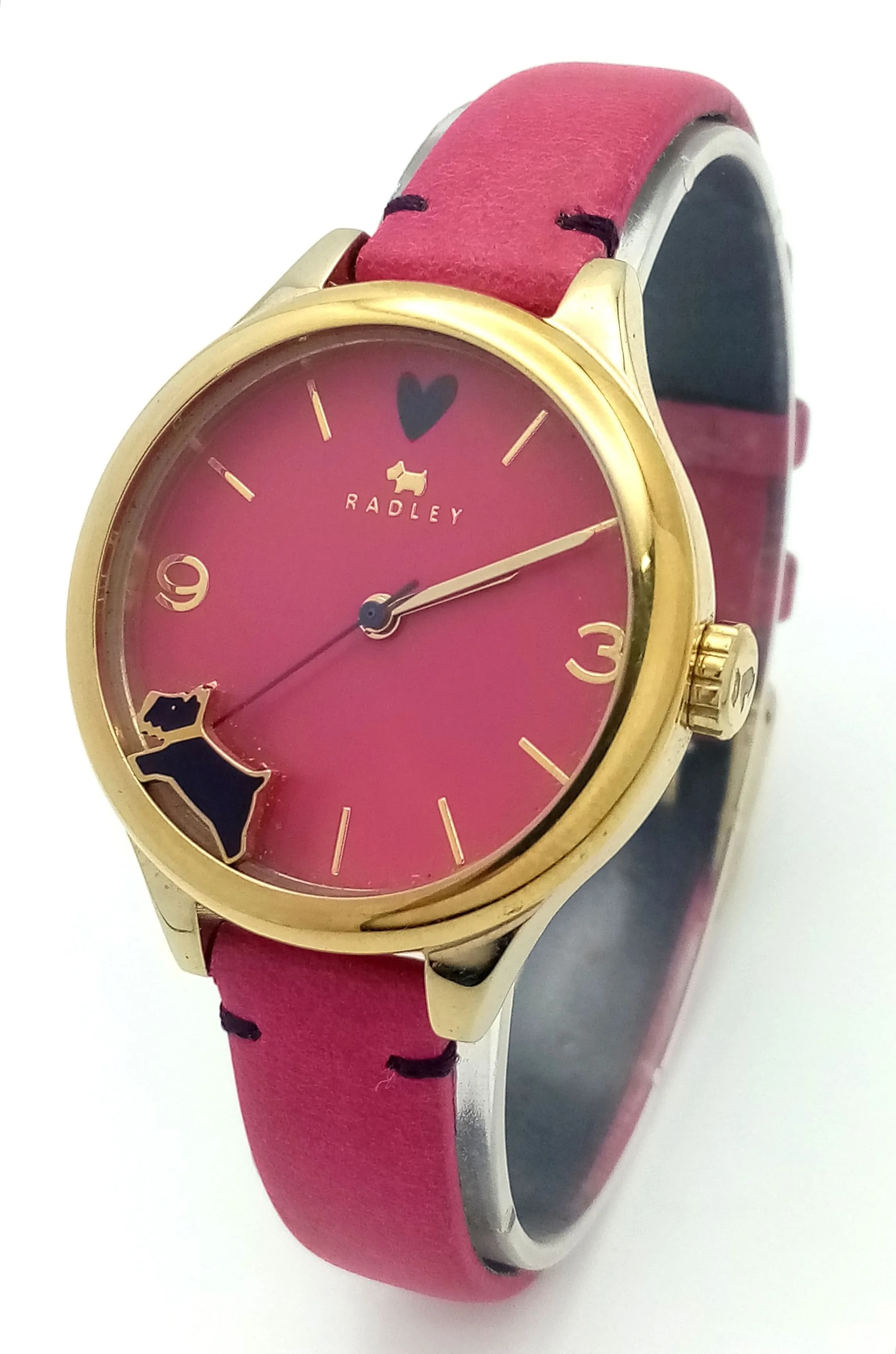 A RADLEY OF LONDON, GOLD TONE, PINK DIAL AND LEATHER STRAP WATCH. ORIGINAL STRAP AND BUCKLE. S/A 1317 - 2
