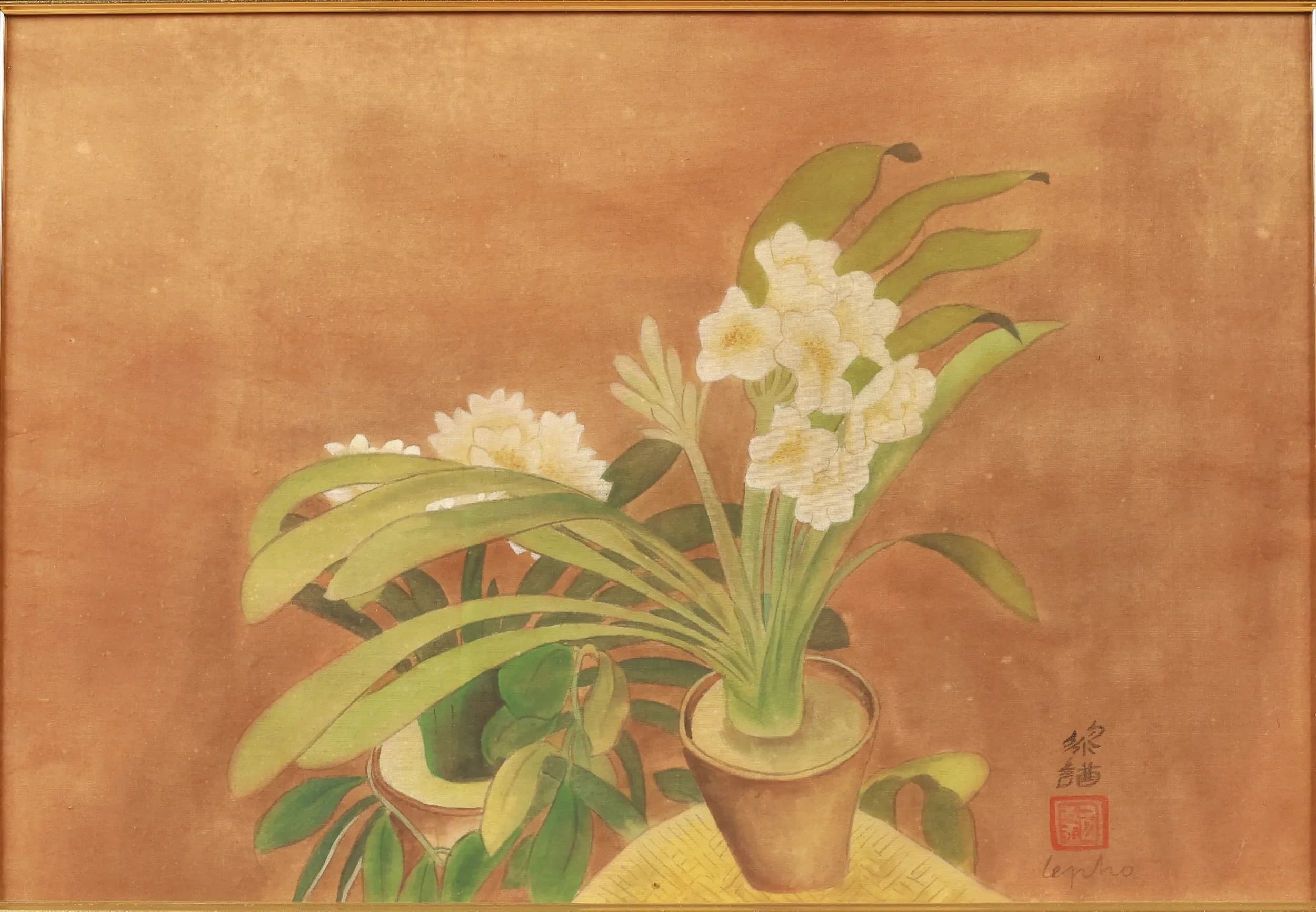 Orchids by Le Pho, 39x57 cm, Print on silk. Le Pho (1907–2001) was one of the most celebrated Vietnamese painters of the 20th century, a graduate of the first class of the Ecole des Beaux-Arts de l'Indochine (1925–1930). Settling in Paris from 1937, he was part of the School of Paris and became famous for his lyrical depictions of Vietnamese women, mothers and children, and floral compositions in oil and on silk. His paintings regularly achieve top prices at international auctions. This item is held at Cadmore ASIAN Office in Vietnam and will be shipped from there. Buyers will be responsible for direct shipping payments. Delivery will take slightly longer.