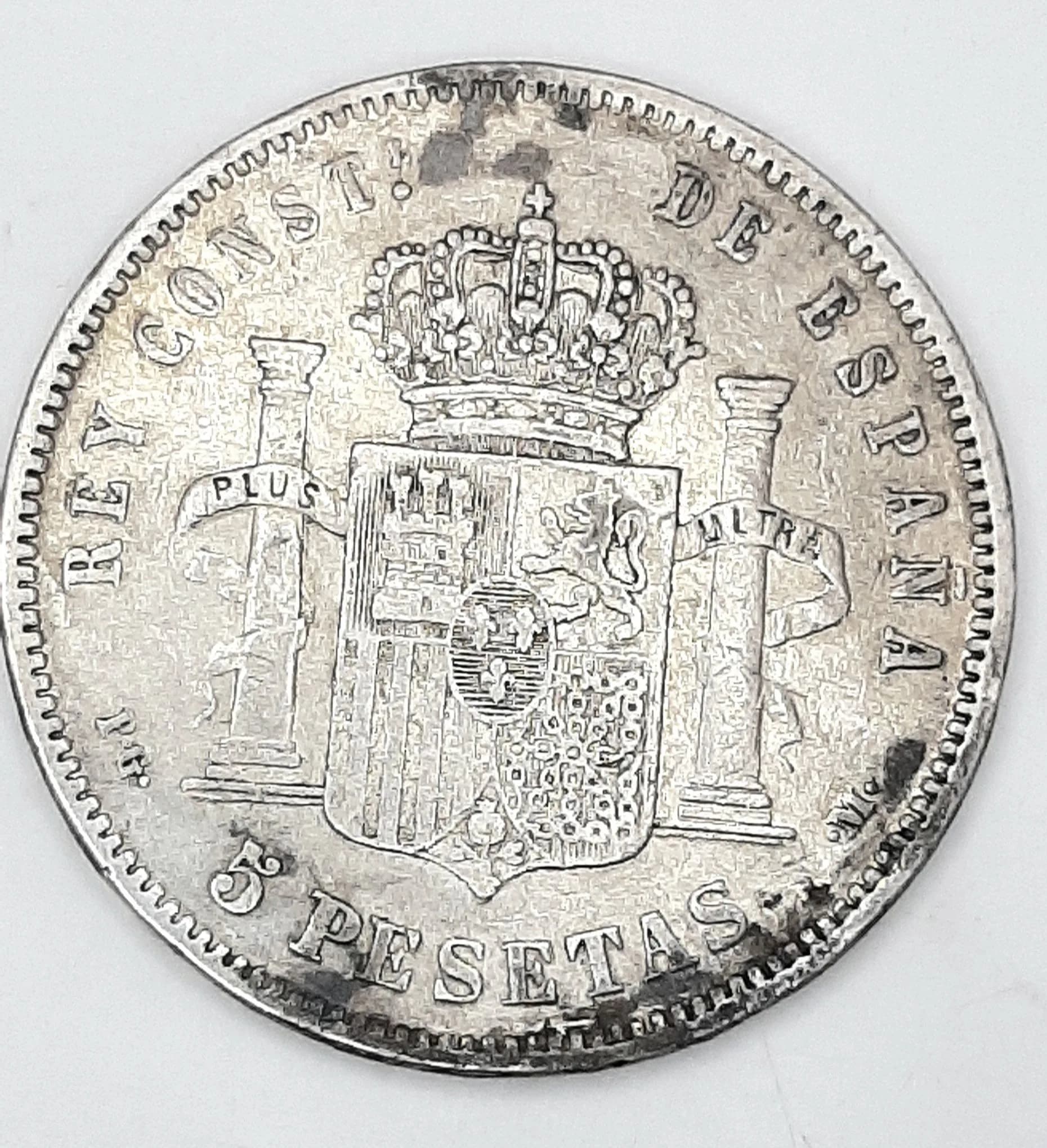 A Fine Condition, Scarce Date 1892 King Alfonso, Spain Silver 5 Peseta Coin. Graded on the Sheldon Scale, shows King Alfonso as a Boy. 900 Silver. 24.68 grams.