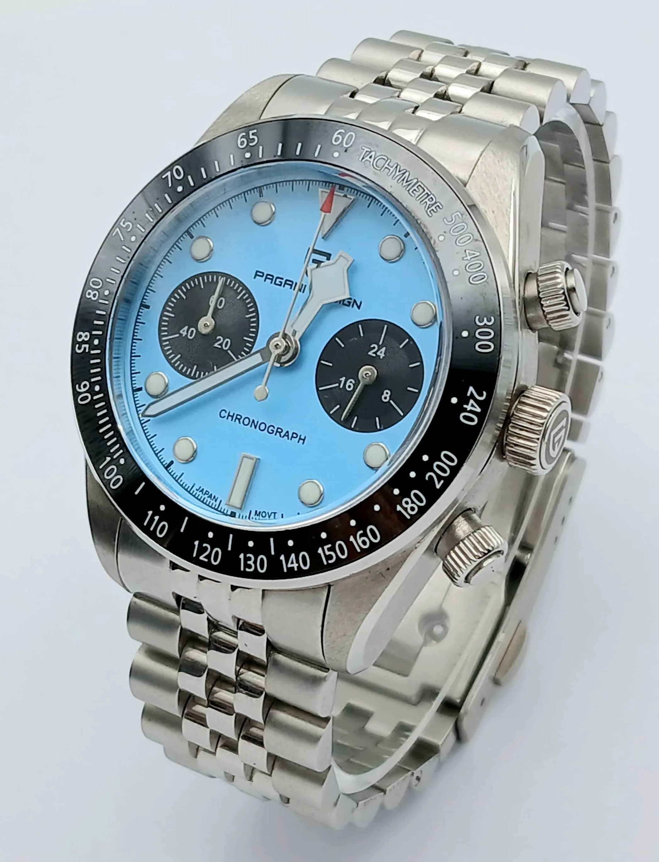 A Men’s Pagani Turquoise/Tiffany Blue Colour Dial Quartz Chronograph. 38mm Case. Screw Down Crown and Pushers. Practically Unworn Condition. Comes with Spare Links, Unused Leather Strap, Box and Papers.