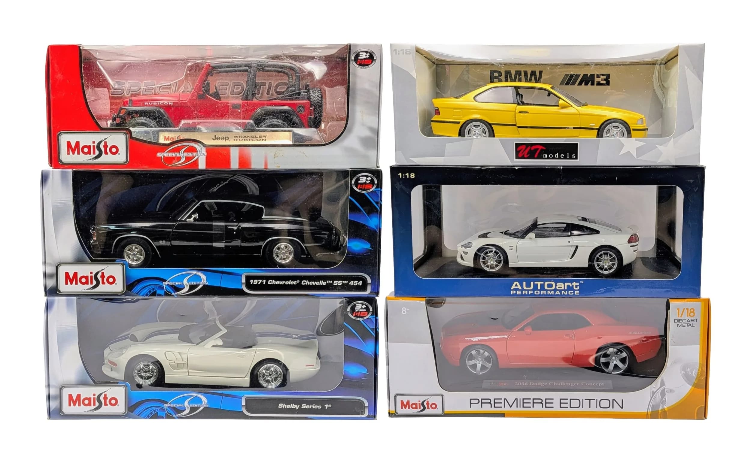 Six 1/18th die cast cars by Autoart, UT models & Maitso. Good condition a;though a couple of boxes have slight wear from storage.