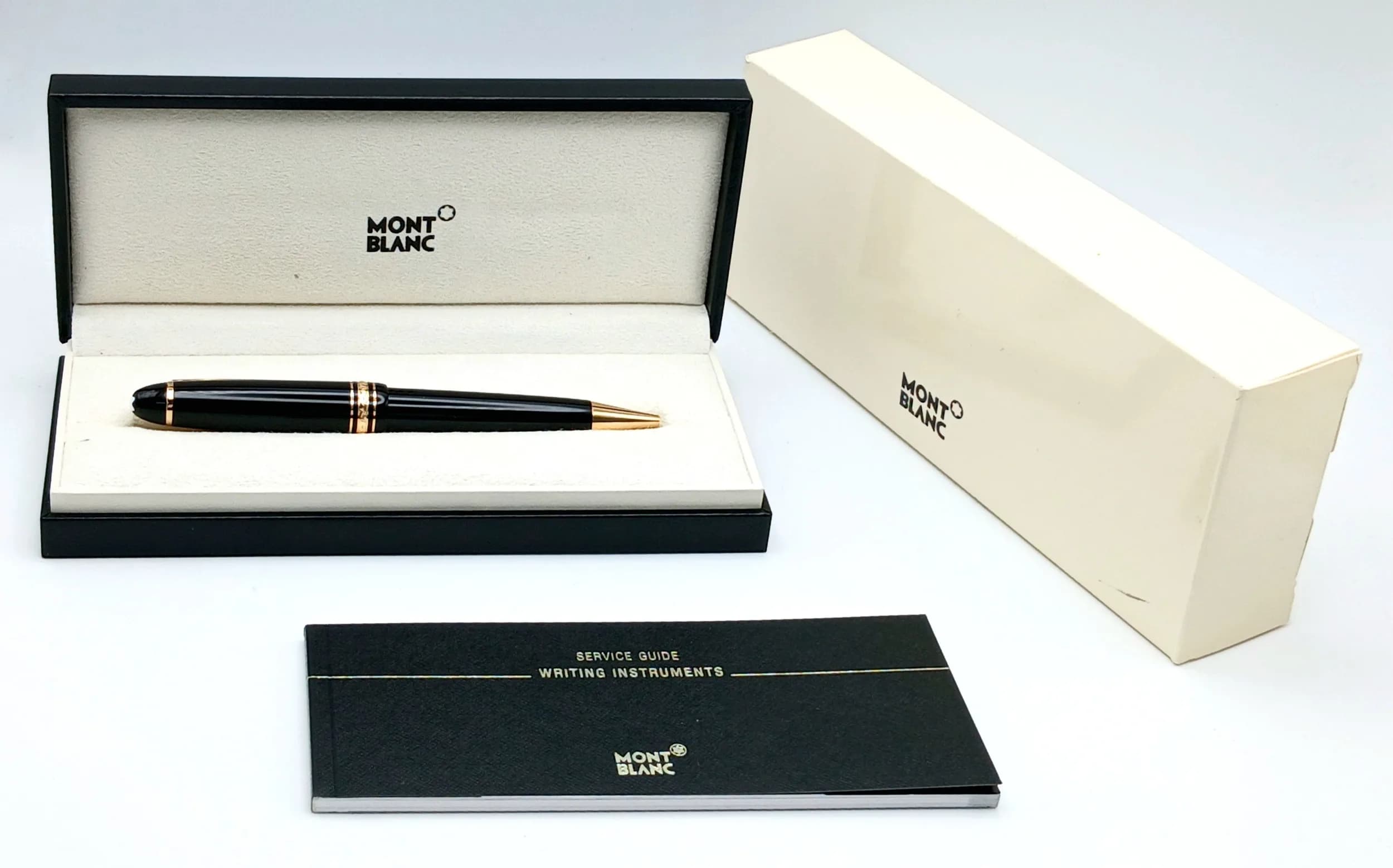 A Montblanc Meisterstück LeGrand Gold Trim Ballpoint Pen. Black precious resin with gold plated trim. Comes with a care booklet, original Montblanc presentation box and Guarantee Certificate. Measures approx. 15cm in length. In good condition and working order. Please see photos or request a condition report. Ref: 29510.