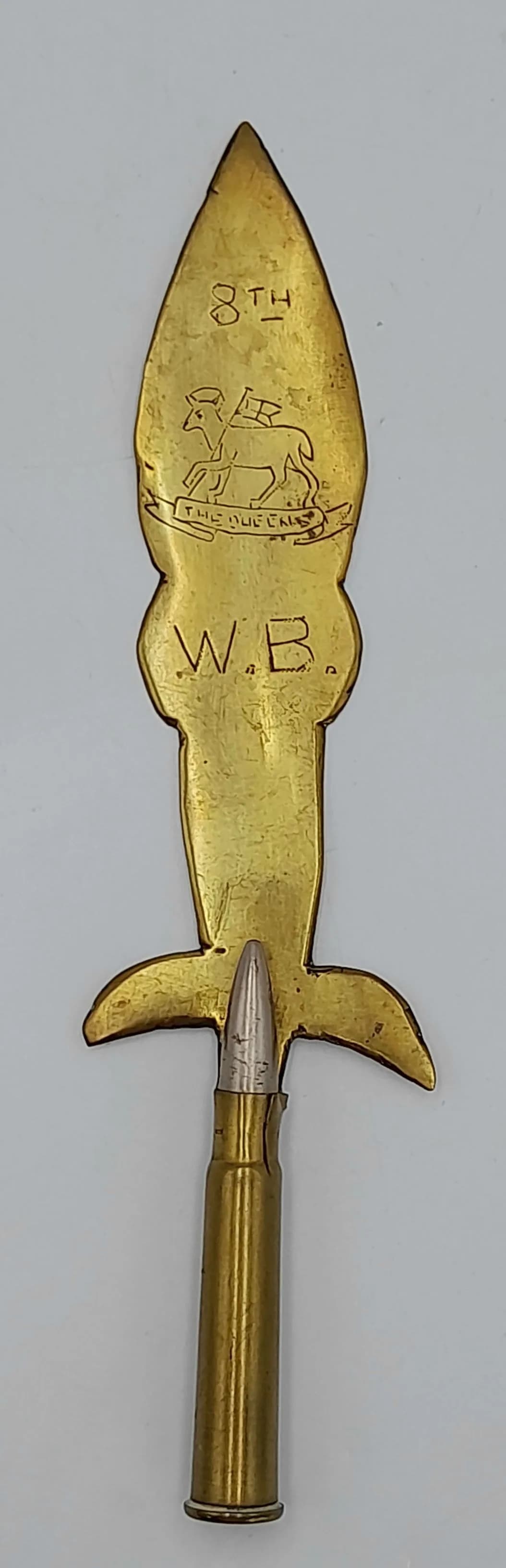 WW1 Trench Art Letter Opener made from a 1916 Dated 303 Lee Enfield Bullet. Dedicated to the 8th Battalion of the Queens Regiment. UK Mainland Shipping Only