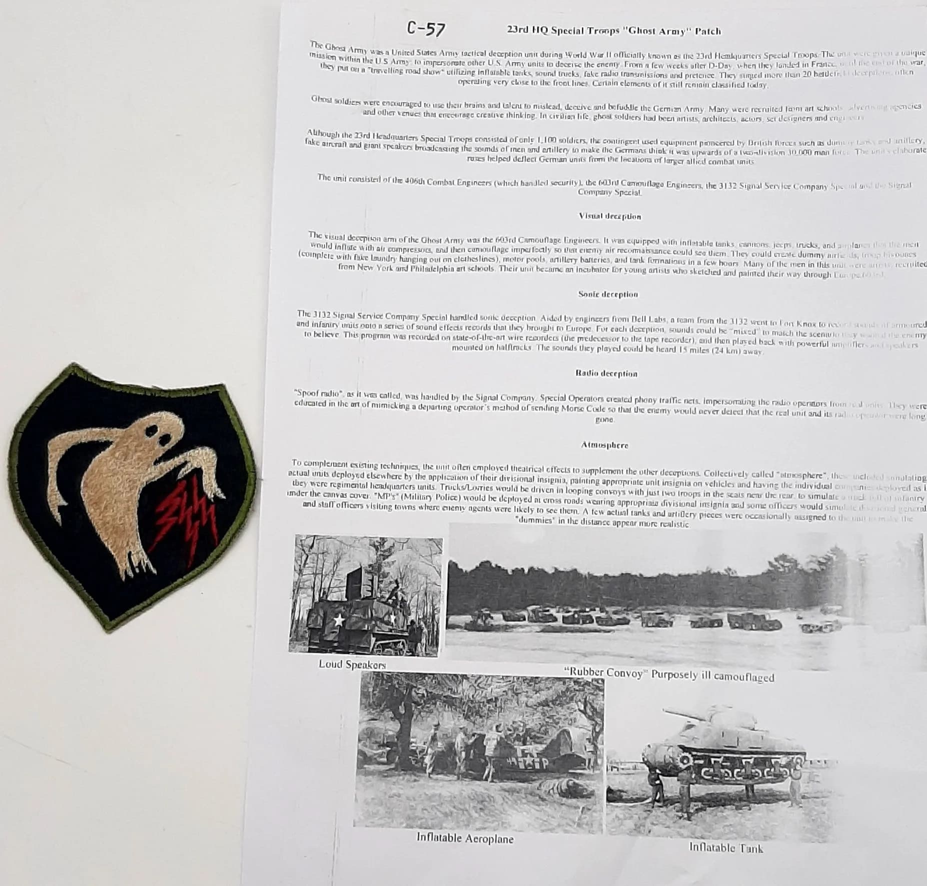 WW2-Vietnam US “Ghost Army” Patch. Worn by the 23rd HQ Special Troops Unit. Made up from movie prop and sound engineers for creating the illusion of big troop movement etc.