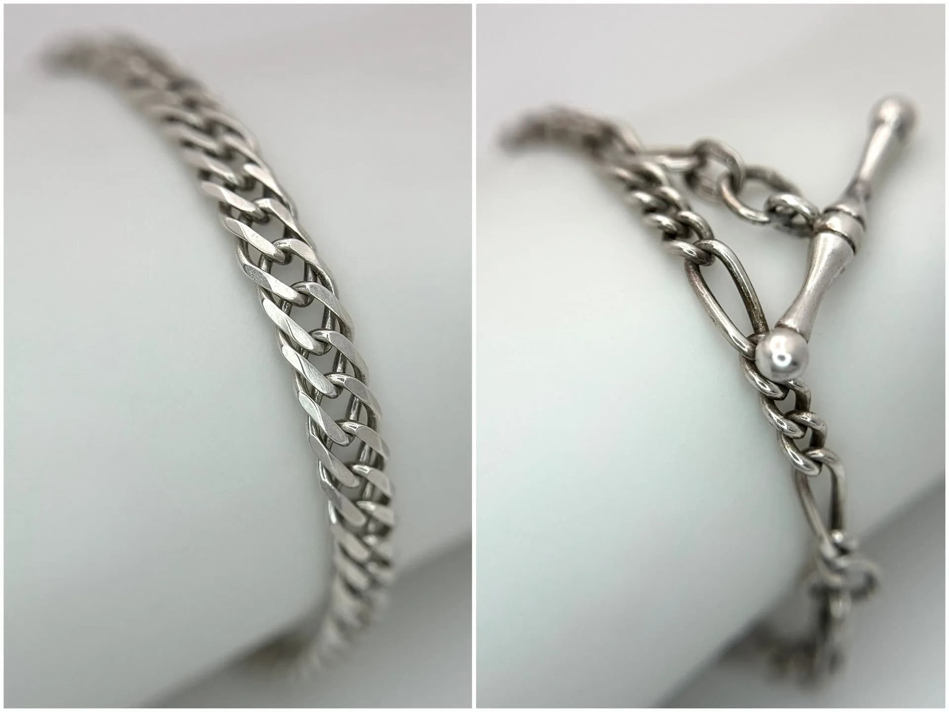 Two 925 Silver Bracelets. Comprising a T-bar link bracelet (18.5cm length) and a Cuban curb link bracelet (22cm length). 12.56g total weight.
