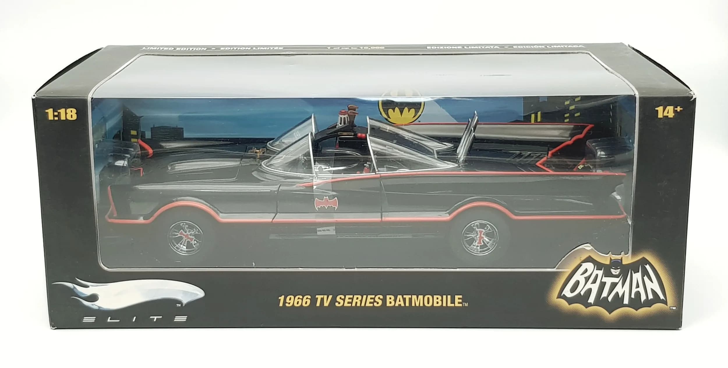 A Hotwheels Elite 1/18th scale 1966 TV series Batmobile. In very good condition, never been out of the box.
