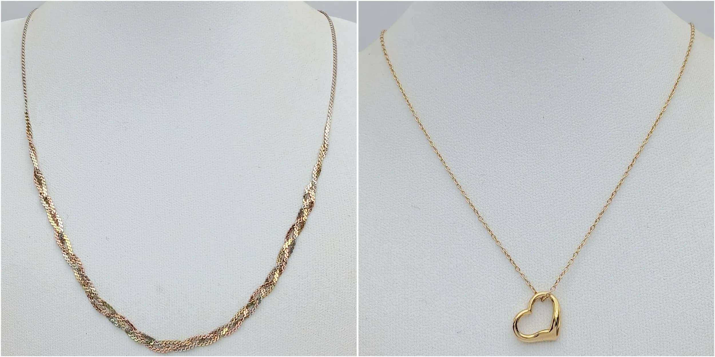 A Parcel of Two Gold Gilded Sterling Silver Necklaces. Comprising: 1) A Sterling Silver Tri-Colour Disappearing Necklace-41cm Length Chain and 2) A Gold Gilded Sterling Silver Heart Pendant Necklace-41cm Length Chain.
