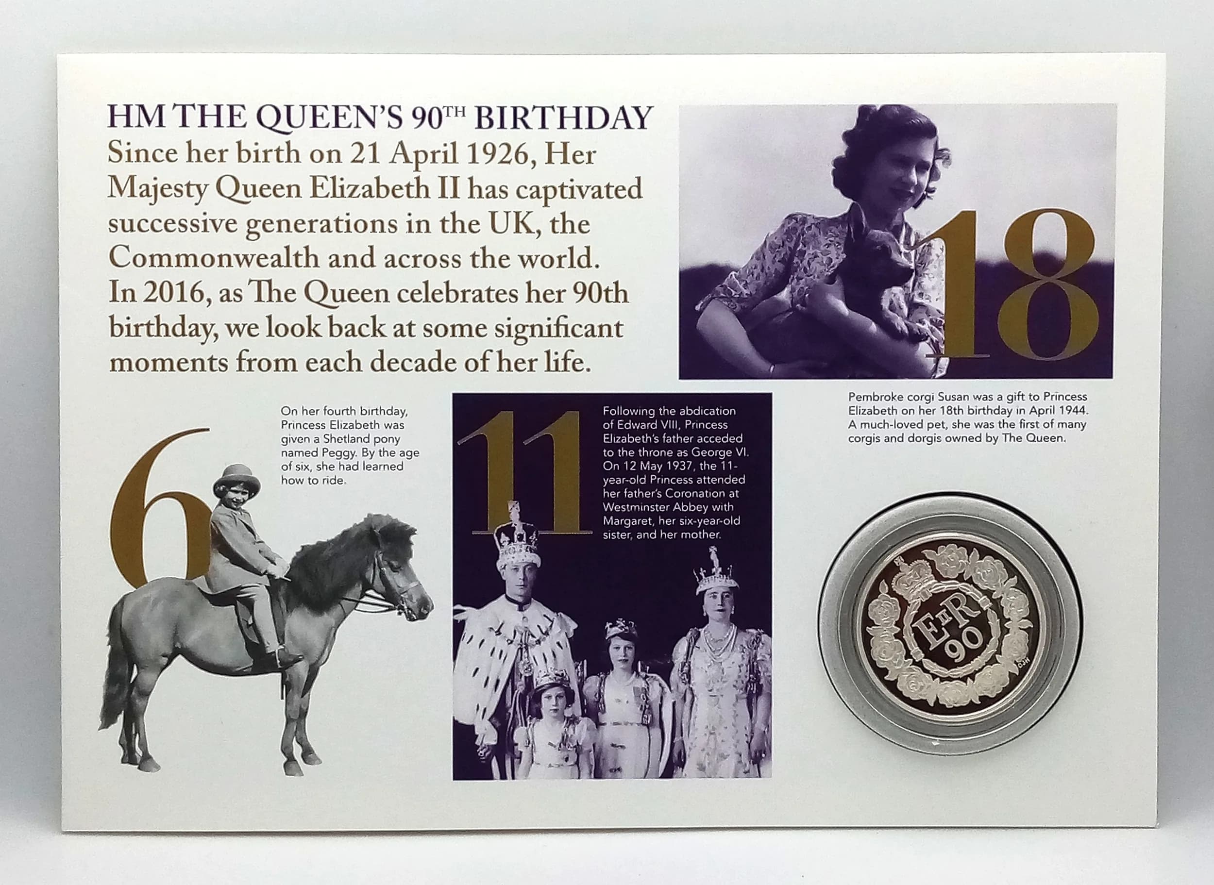 A Royal Mint Queens Birthday Sterling Silver Proof Coin. No.44 of 500. £5 denomination. 28.28g. Encapsulated with COA.