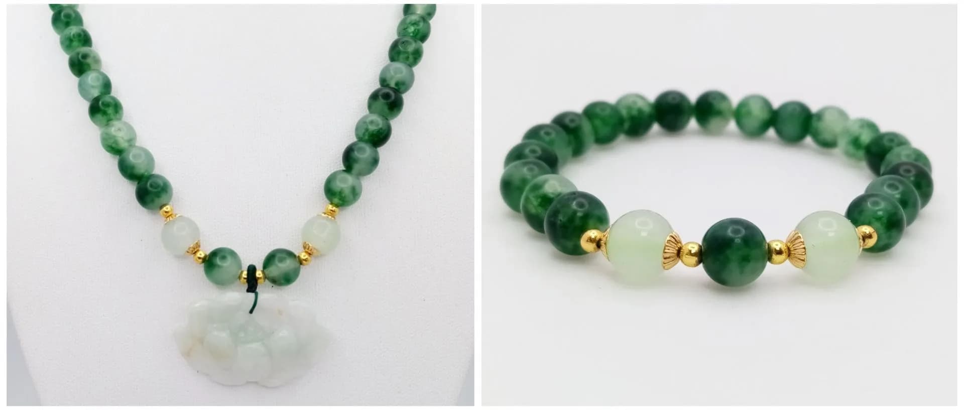 An elegant matching Jade Bead Necklace and Bracelet Set. Approx 45.5cm necklace length, strung with green jade beads and a carved lotus jade pendant, fitted with a gilt floral clasp, with matching expandable jade bead bracelet.