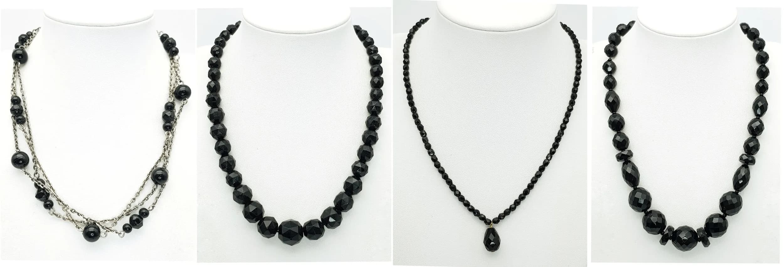A Parcel of Four Vintage French Jet Beaded Necklaces. Comprising 1) a 122cm chain link beaded, 2) A 46cm Graduating Size Disc, Oval and Round Bead Faceted Necklace, 3) 43cm Faceted Round Beaded and 4) 40cm Pendant Beaded.