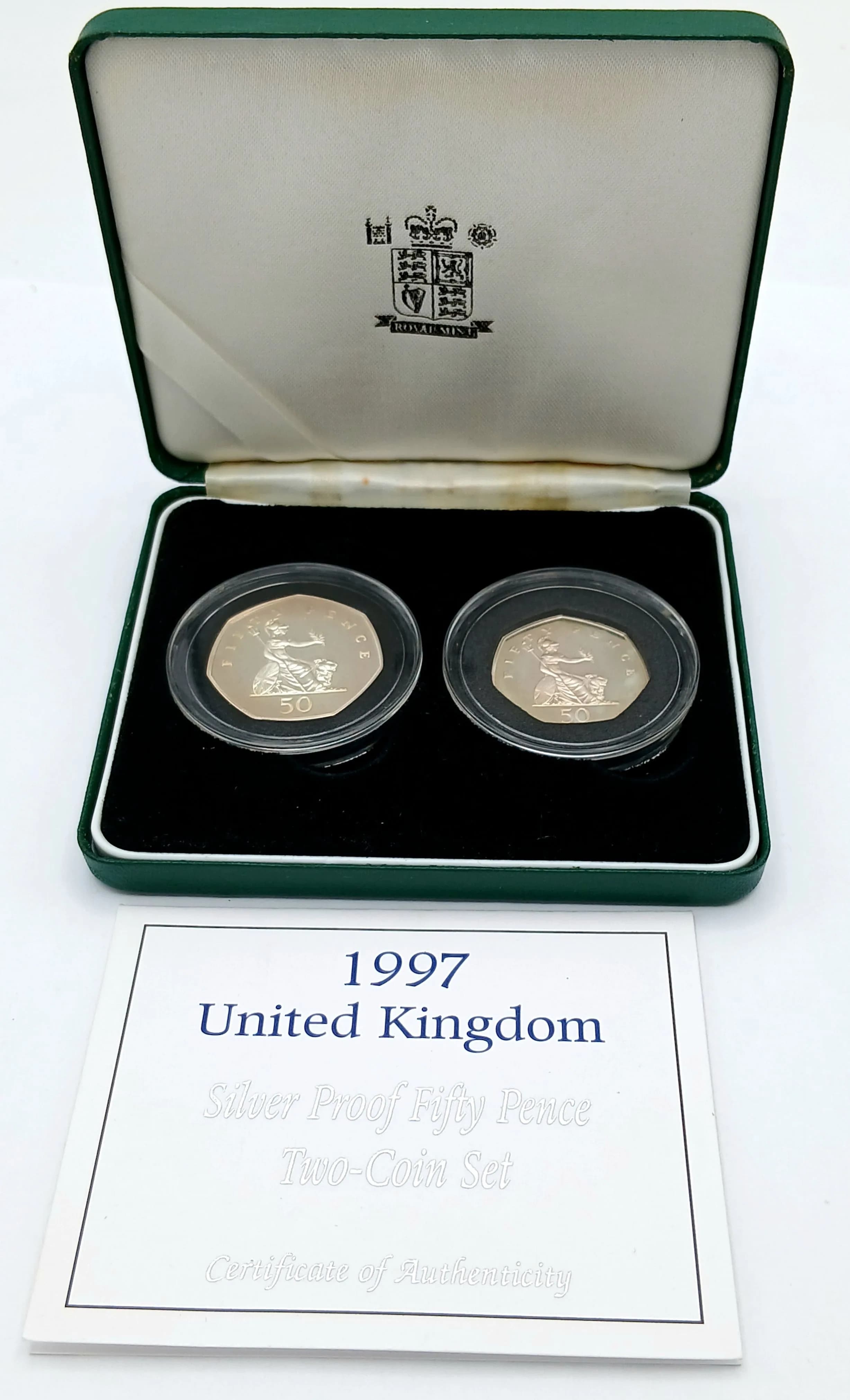 A Royal Mint 1997 United Kingdom Silver Proof Fifty-Pence Two Coin Set. Encapsulated with COA and case.