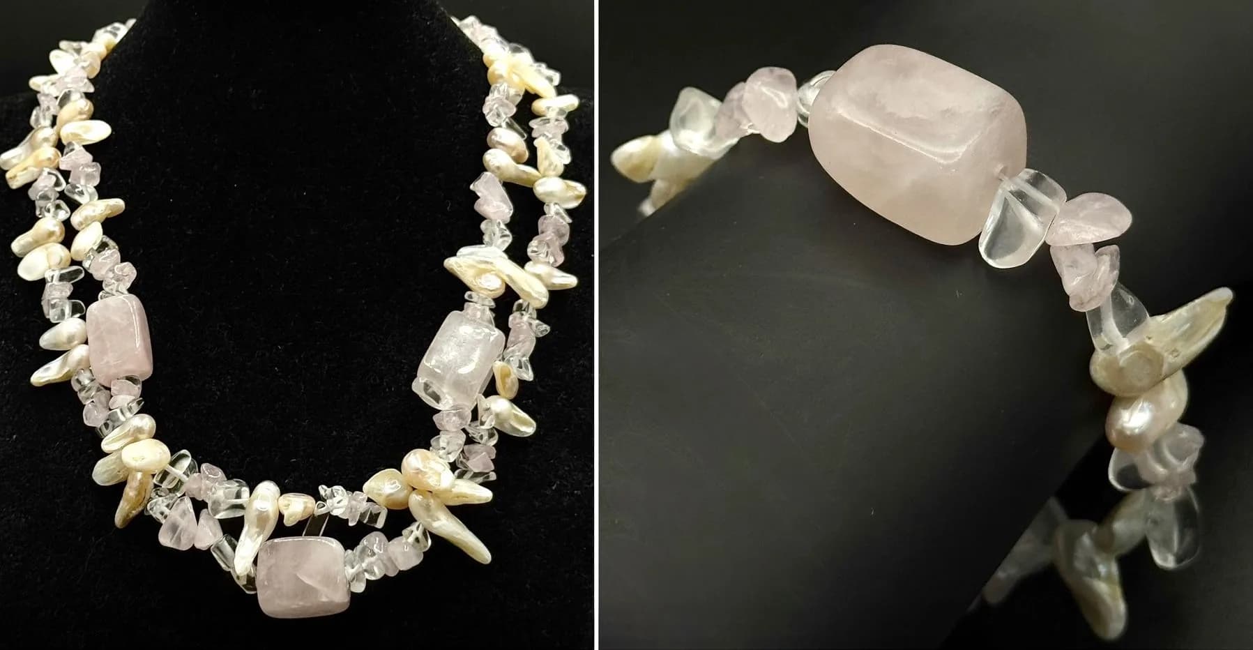 A Stunning Rose Quartz and Freshwater Pearl Necklace and Bracelet Set. Features irregular freshwater pearls, rose quartz chips and polished rose quartz beads, finished with gold-tone clasps. The necklace measures 40cm length. The bracelet measures 20cm length with an extension chain.
