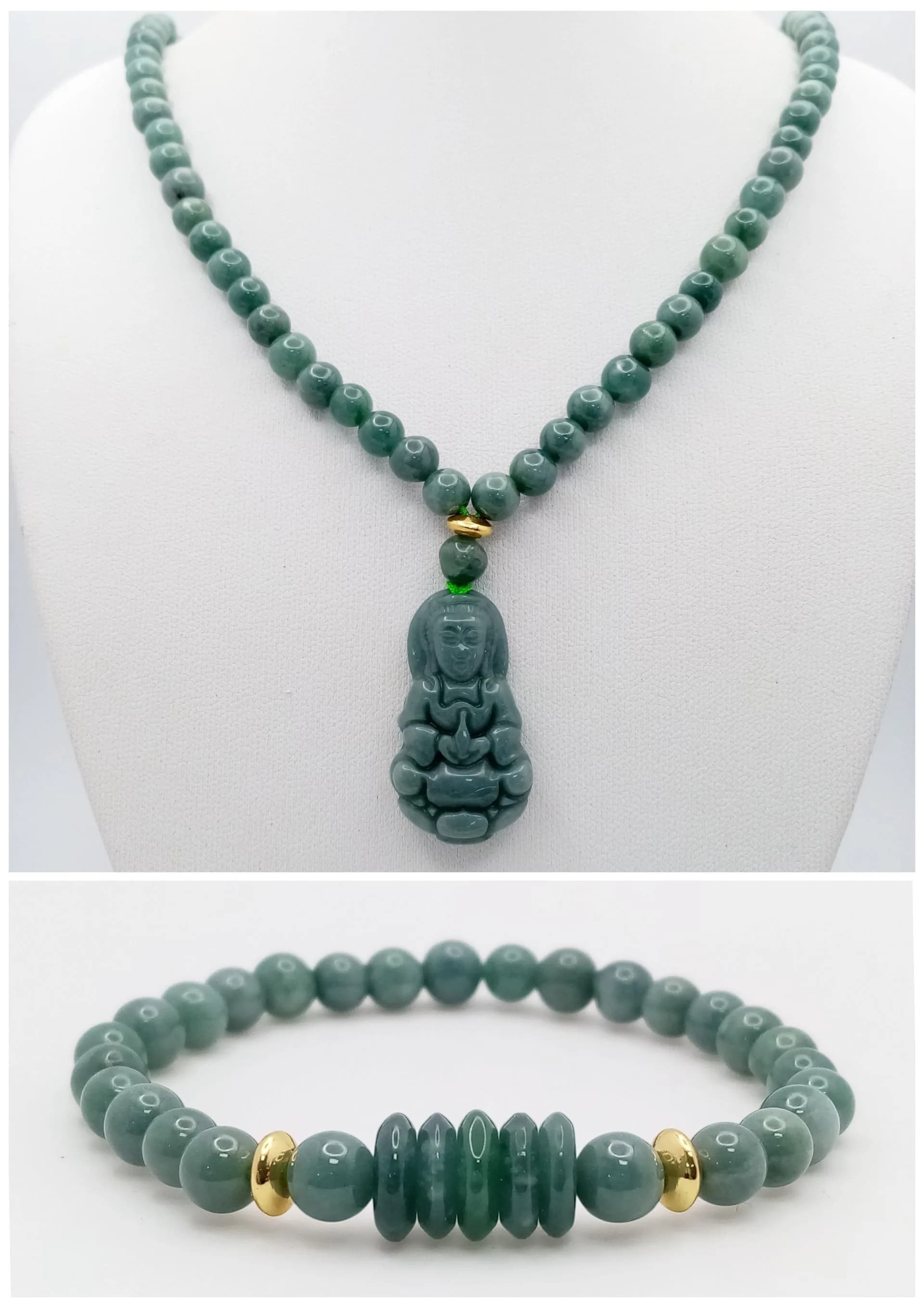 A Blue Jade Bead Necklace and Bracelet prayer Set. Necklace approx 46cm in length, with a carved Buddha pendant drop and gold tone floral box clasp, together with a matching expandable bead bracelet.