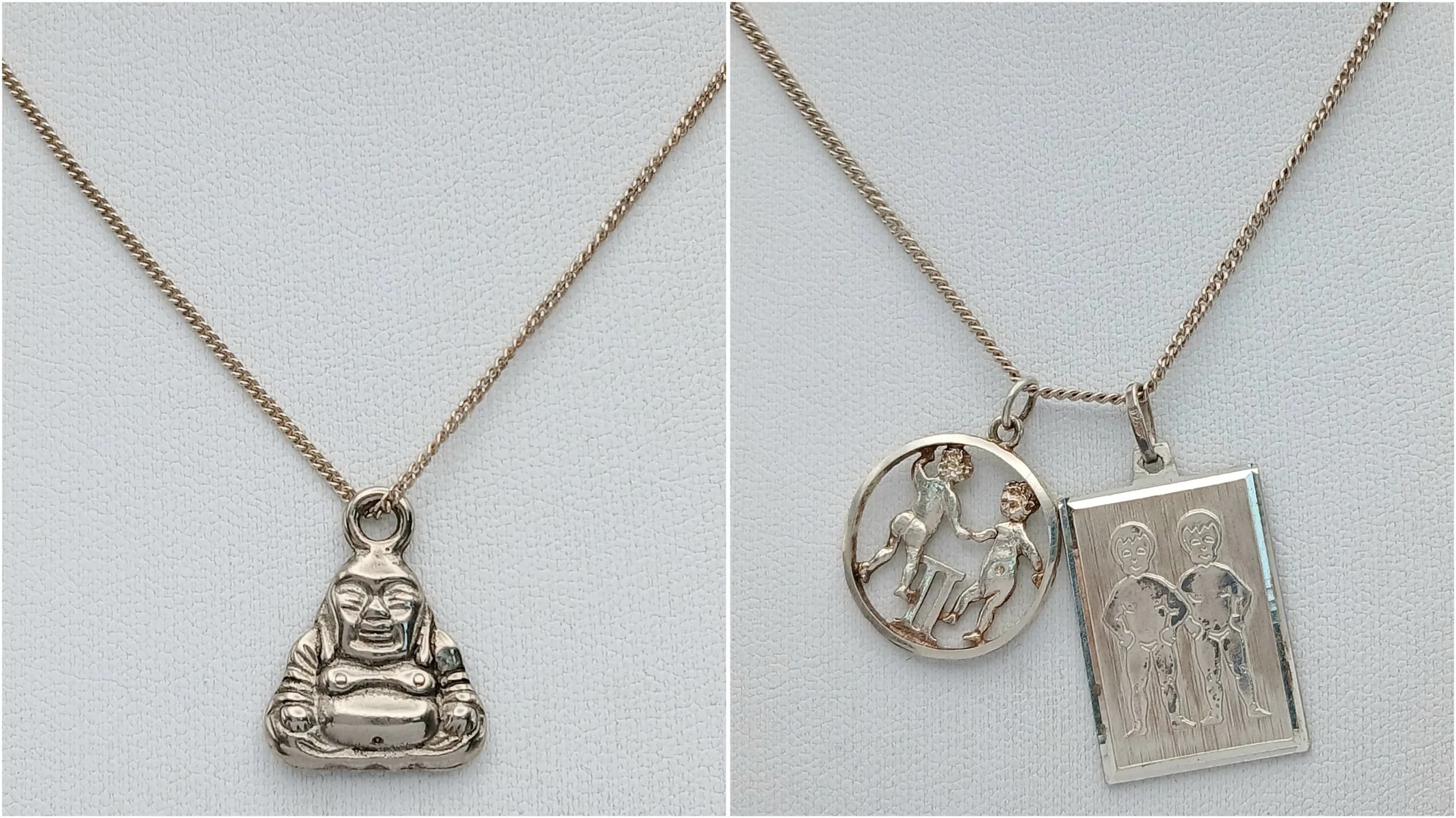 Two Vintage Sterling Silver Pendant Necklaces. Comprising: 1) A Double Pendant Gemini Twins Necklace-50cm Chain, longest pendant 2.5cm. Gross Weight 9.72 grams and 2) A Buddha Pendant Necklace-46cm Length Chain. Pendant measures a 2cm drop. Gross Weight 4.11 grams.