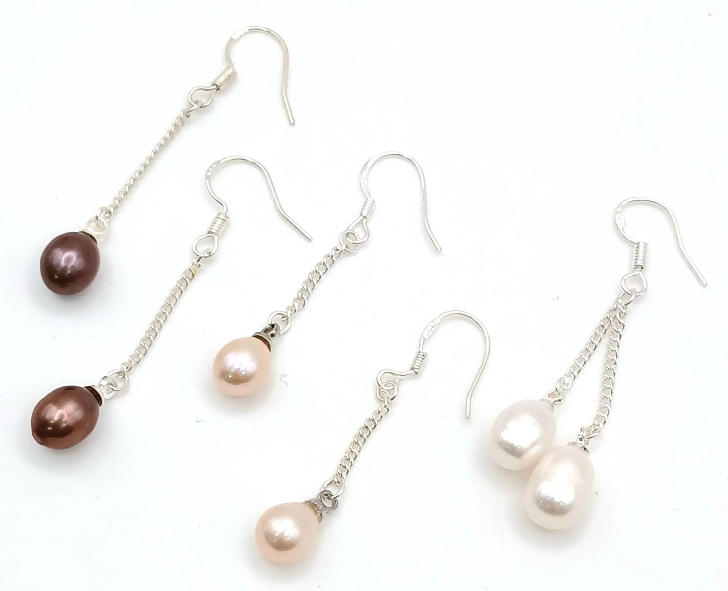 Three Pairs of Different Coloured Freshwater Pearl and Silver Drop Earrings. 3cm drops.