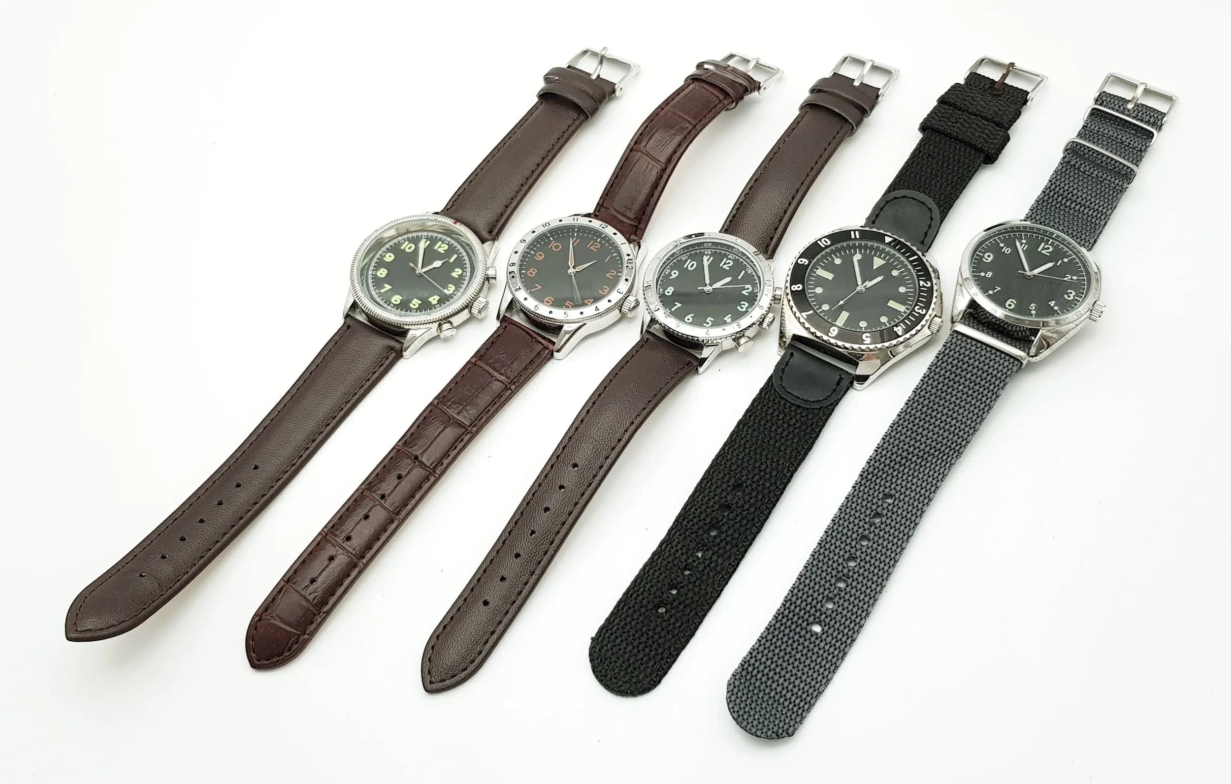 A Parcel of Five Military Design Quartz Watches Comprising: 1) A 1980’s Style RAF Pilot-38mm Case, 2) A 1970’s Style French Airman-38mm case, 3)1970’s Style US Navy Diver-42mm case, 4) 1960’s Style French Naval Pilot-38mm case and 5) 1950’s Style Soviet Pilot-39mm Case. All have had batteryreplacements in June 2026.