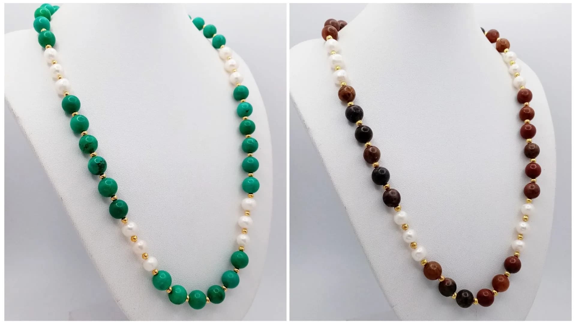 A Turquoise and Freshwater Pearl Beaded Necklace PLUS a Jasper and Freshwater Pearl Beaded Necklace. 6mm pearls. 8mm turquoise and jasper. Both 44cm lengths.