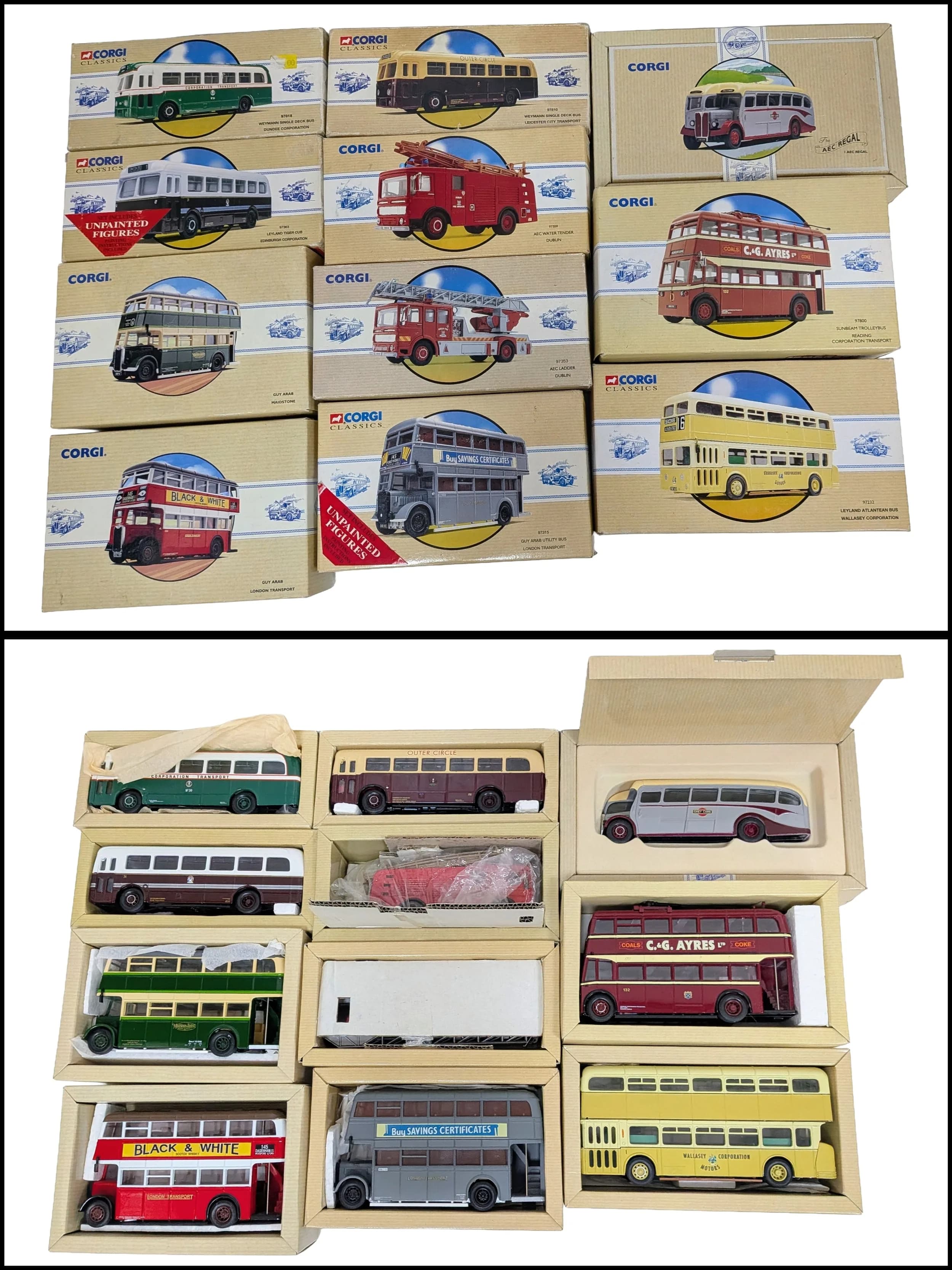 Eleven Corgi classic die cast vehicles. In good condition. Slight wear to boxes from storage.