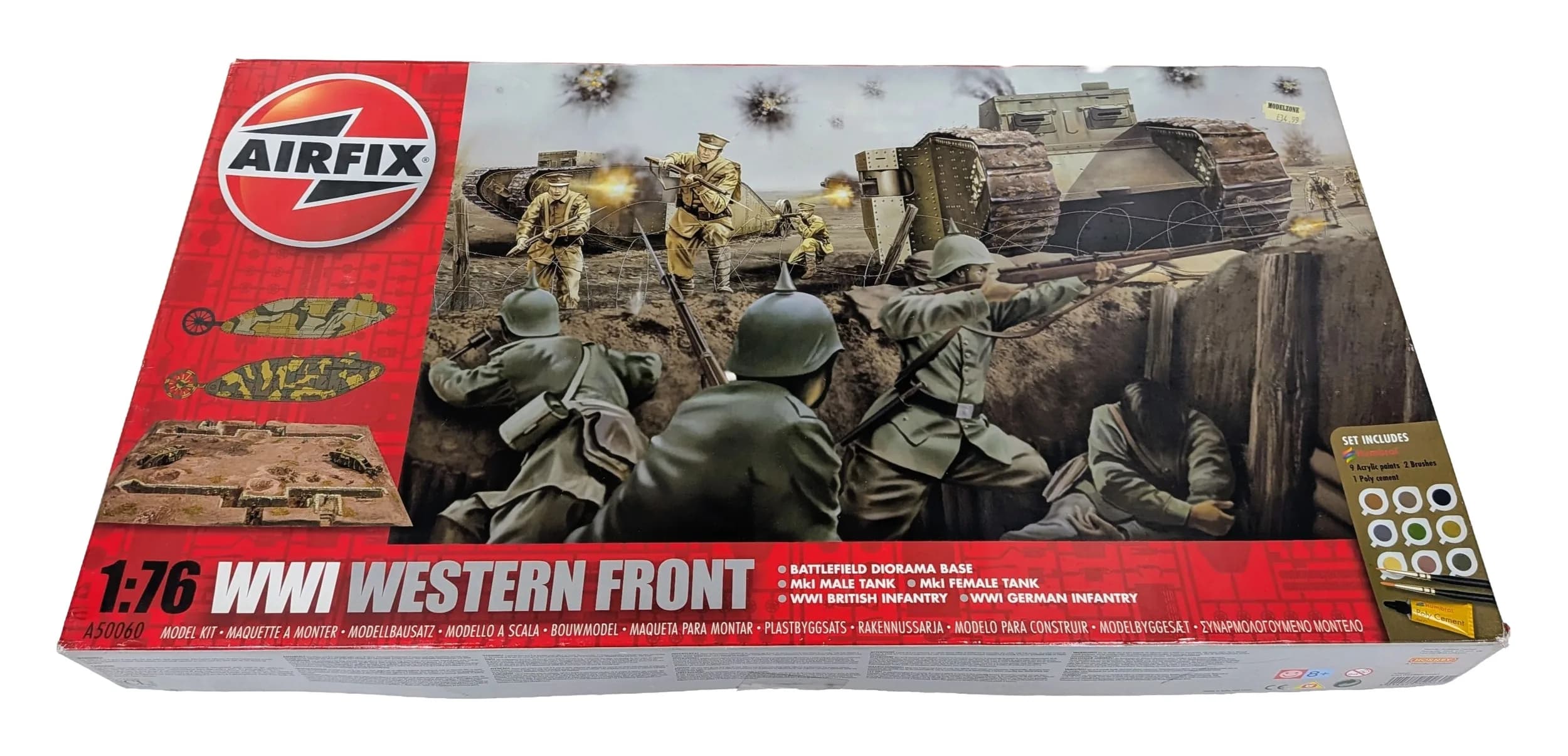An Airfix A50060 WW1 The Western Front 1/76 scale diorama set. Complete with all bags still sealed. Box has slight wear from storage. Comes with a WW11 USAF personnel figure set, complete.