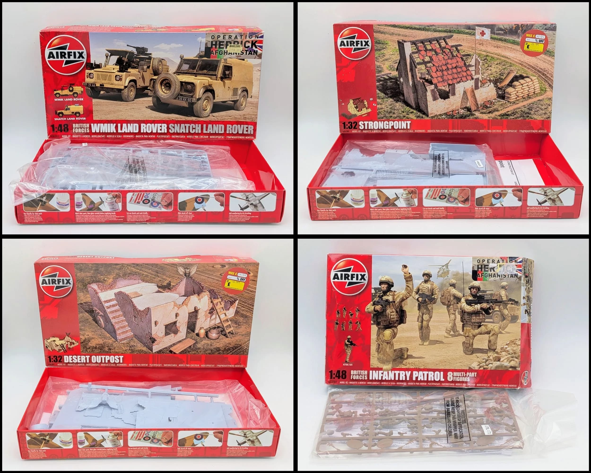 Four Airfix plastic model kits. Complete with sealed bags. 1/32 & 1/48 scale. Slight wear to boxes from storage.
